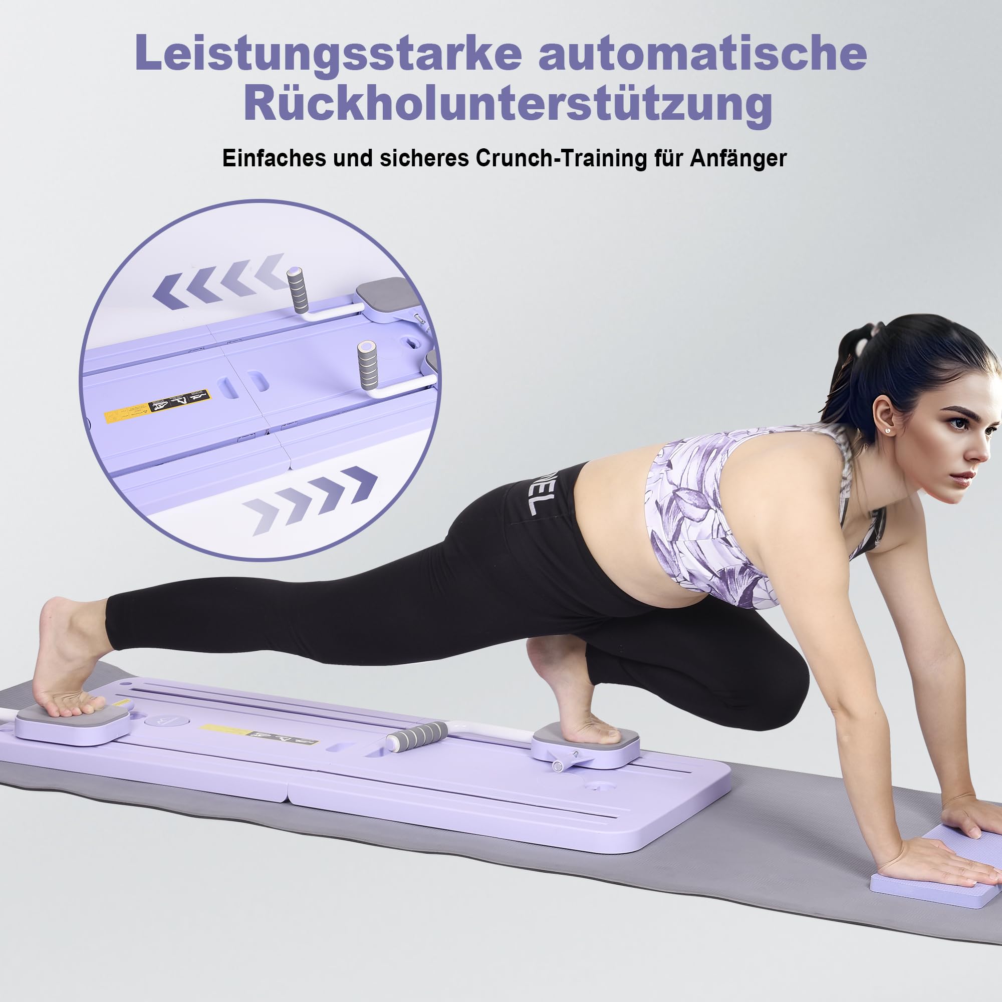 Pilates Board & Reformer-Set für Zuhause mit 23kg Rückprallkraft – Multifunktionales Faltbares Pilatesgerät INKL, Knieschutz & Videoanleitung (Pourpre)