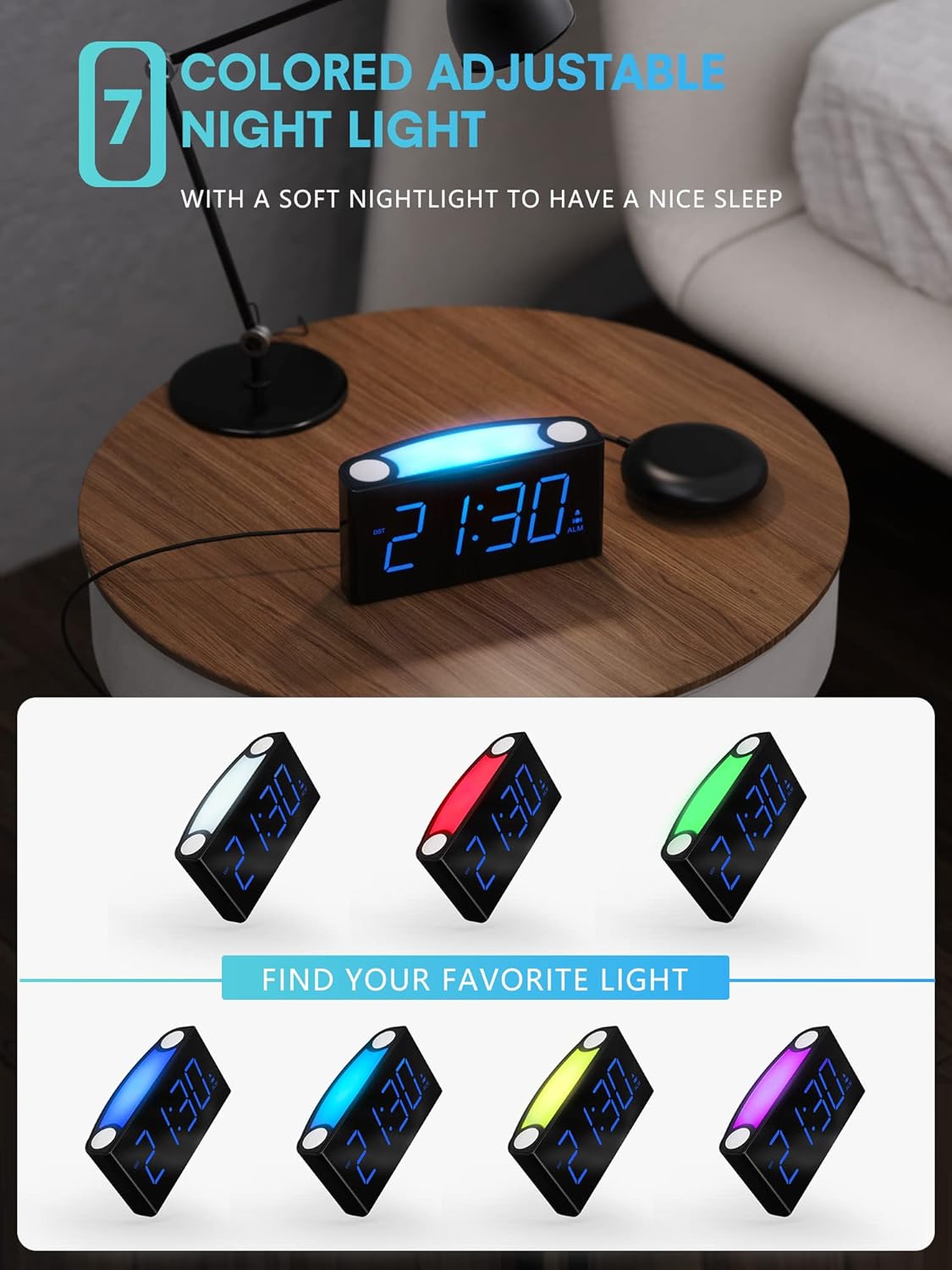ROCAM Extra Loud Alarm Clock with Bed Shaker, Vibrating Alarm Clock for Heavy Sleepers Deaf Hearing Impaired, 7" Large Display, Dual USB Charger, 7 Color Night Light, Dimmer, Snooze & Battery Backup