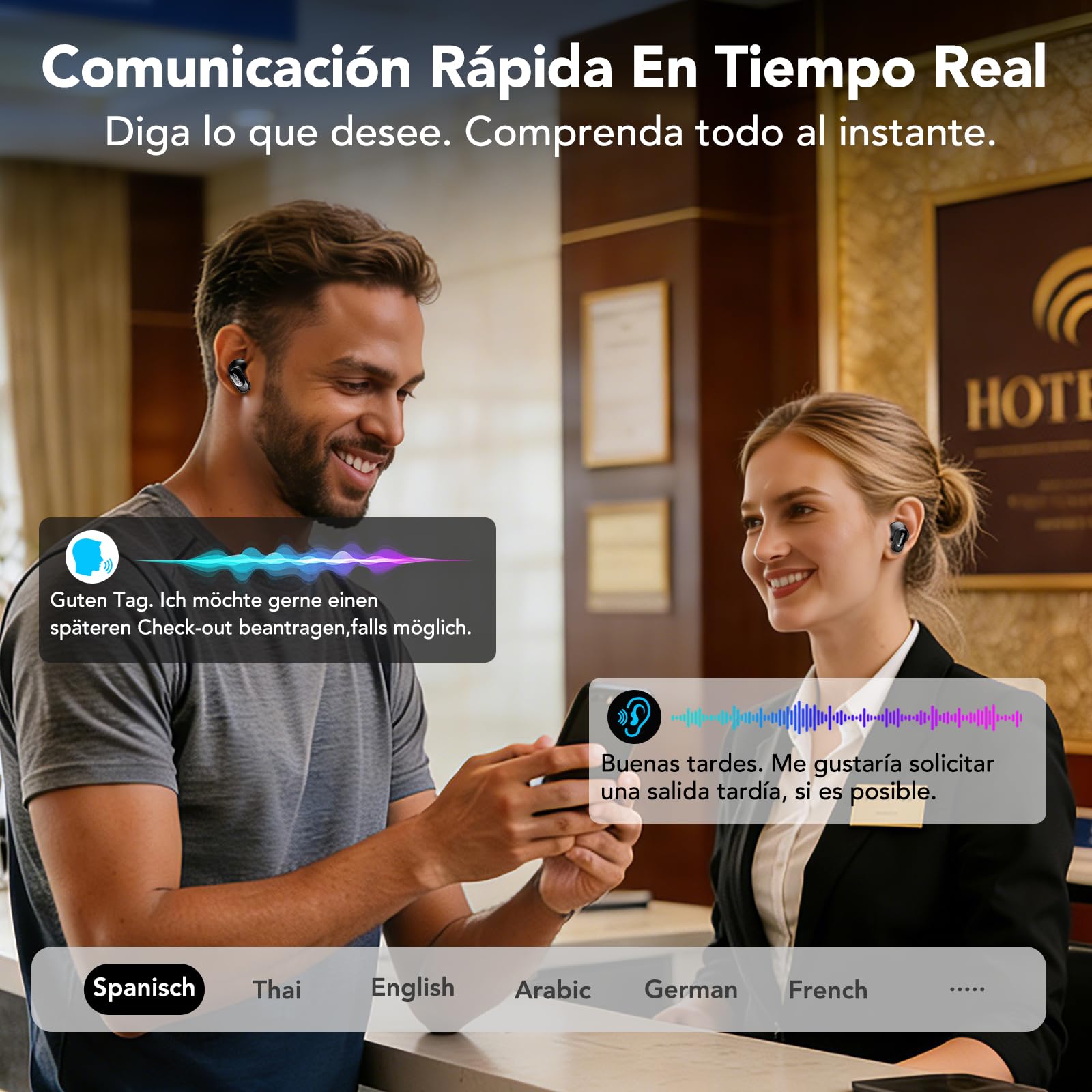 MINISO MS105 Auriculares de traducción en Tiempo Real con aplicación, 134 Idiomas, traductor de Auriculares en Tiempo Real, Auriculares Abiertos de 60H para iOS y Android, Viajes y Viajes