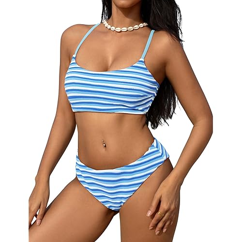 ZAFUL Women's Bikini Set Criss Cross Back Two Piece Swimsuits Scoop Neck Splicing Lace Up Textured Bathing Suits