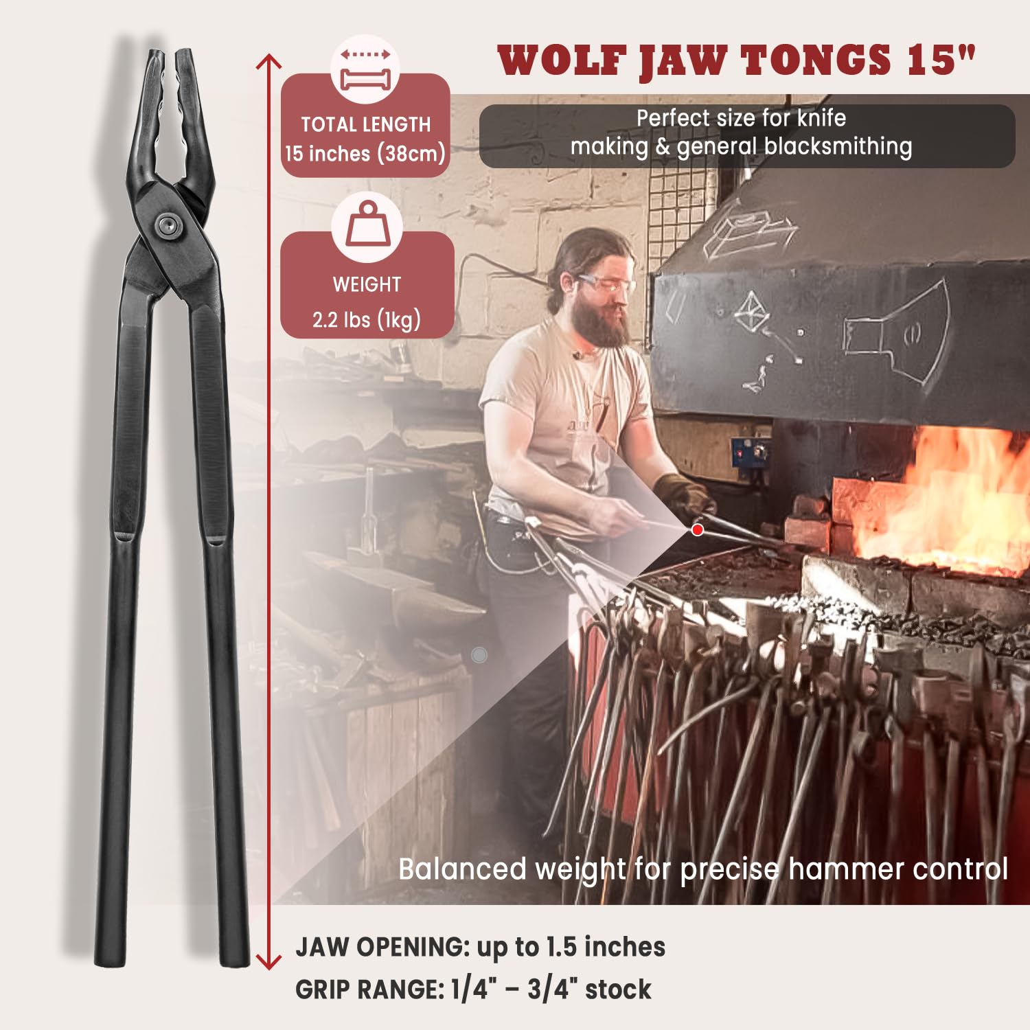 Herrero Wolf - Pinzas para mandíbula para herrero, herrero, herramientas esenciales de forja para principiantes y profesionales, 15 pulgadas
