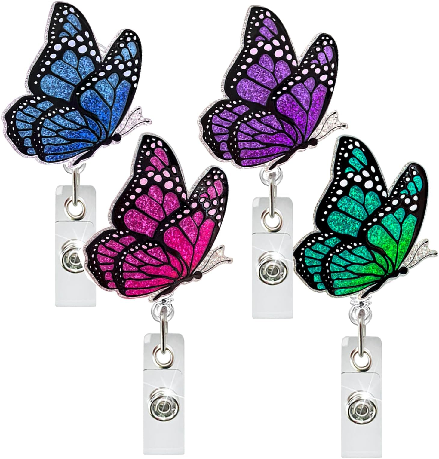 4 Pcs Spring Butterfly Badges Reels, Funny Nurse Badge Reel Retractable Glitter Colorful Name Tag Acrylic Alligator Clip Spring Cute Badge Clip ID Badge Holder for Nurses Doctor Student Teacher Work