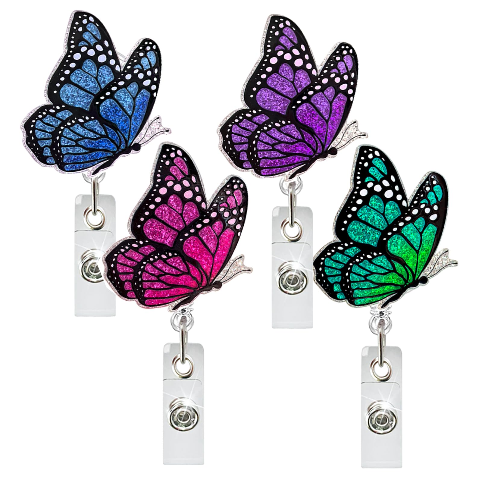 4 Pcs Spring Butterfly Badges Reels, Funny Nurse Badge Reel Retractable Glitter Colorful Name Tag Acrylic Alligator Clip Spring Cute Badge Clip ID Badge Holder for Nurses Doctor Student Teacher Work