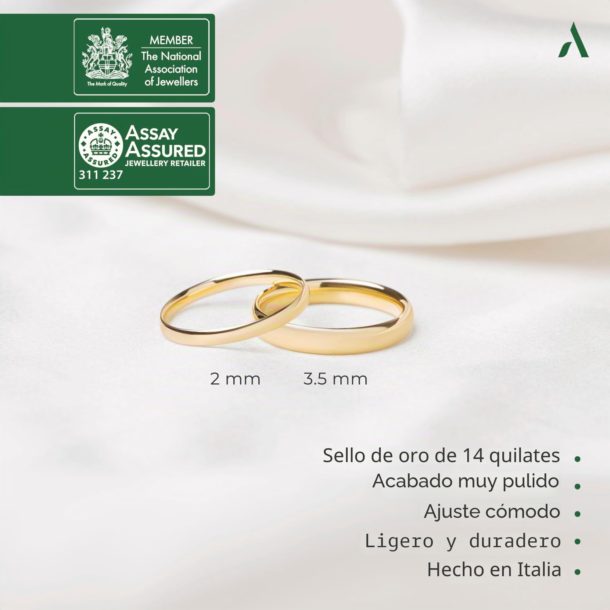 Amberta Alianza de Boda en Oro de 14 Quilates para Mujer y Hombre | Anillo Simple Auténtico Amarillo o Blanco | Anillo de Boda Pulido