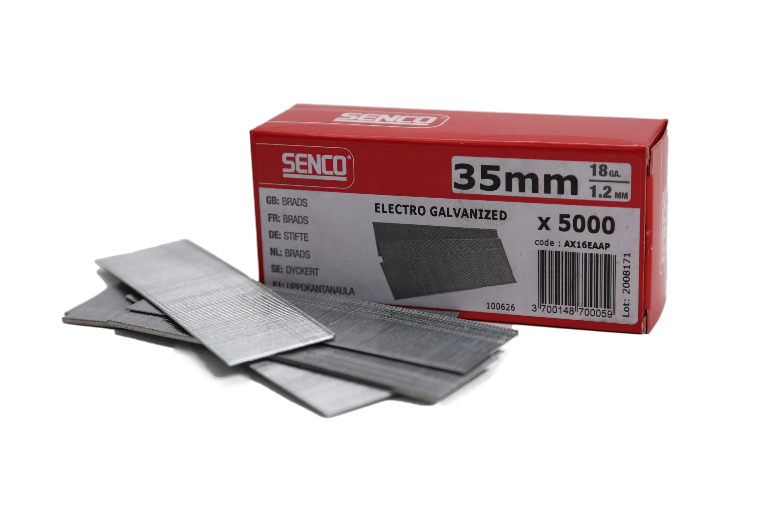 Senco Silver 18G Brad Nail 35Mm Pack 5000. With Carbon Steel Standard Tensile Wire Material And Galvanised Finish. Applications Include: Cabinets, Decorative Trim, Picture Frames And Ornamentals.