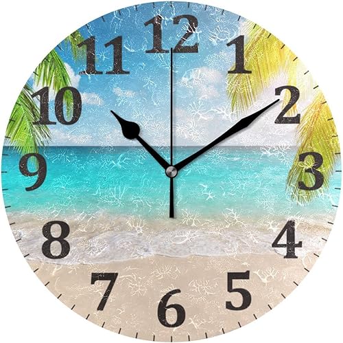 JIPONI Reloj de pared de palmera de playa de verano, silencioso, sin tictac, relojes redondos de 9.8 pulgadas decorativos para sala de estar,