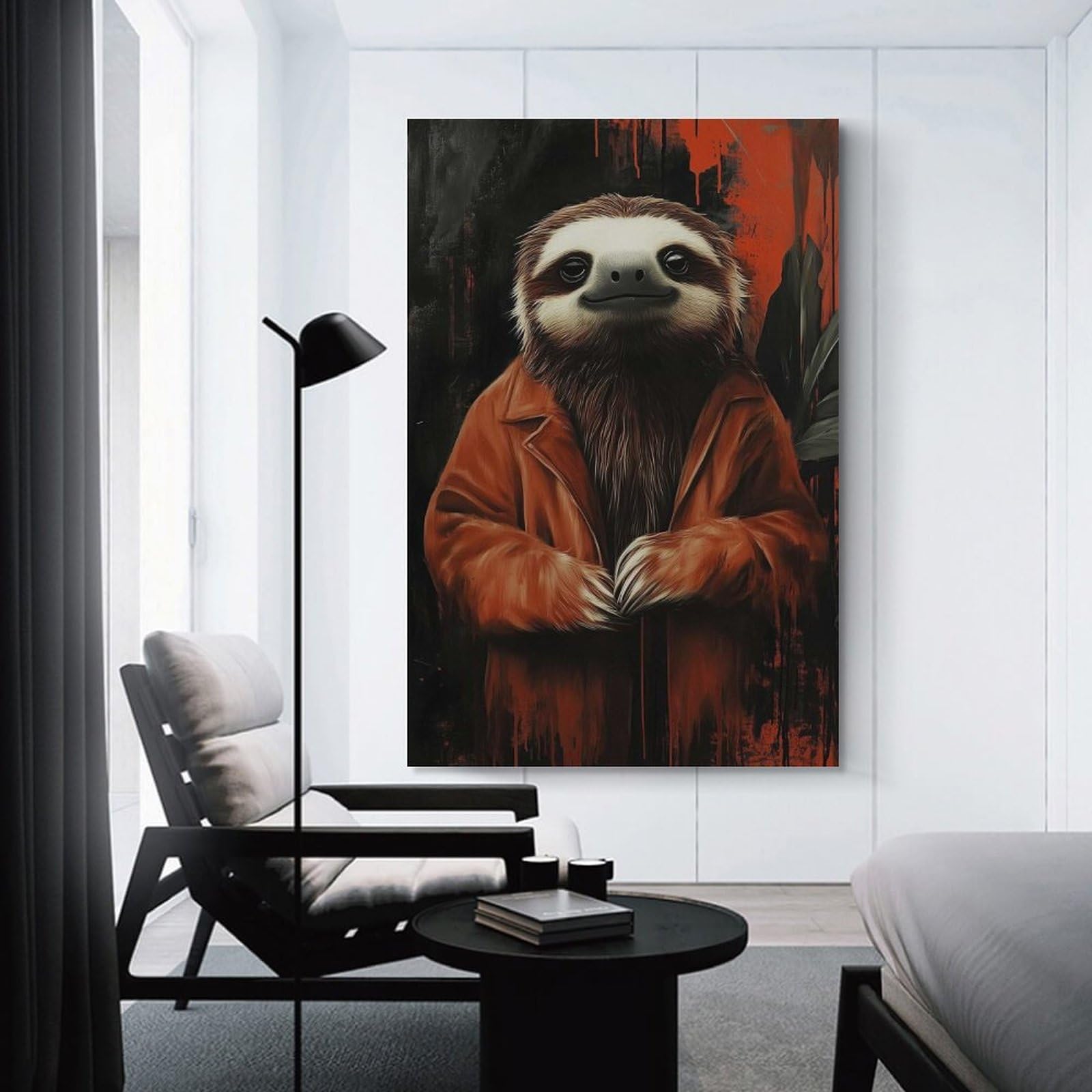 Junmoney Canvas Wall Art Sloth in Red Coat, 24x36inch(60x90cm), for Corridors, Hallways Or Apartment Entries, Decorative Canvas Styling for Entry Areas