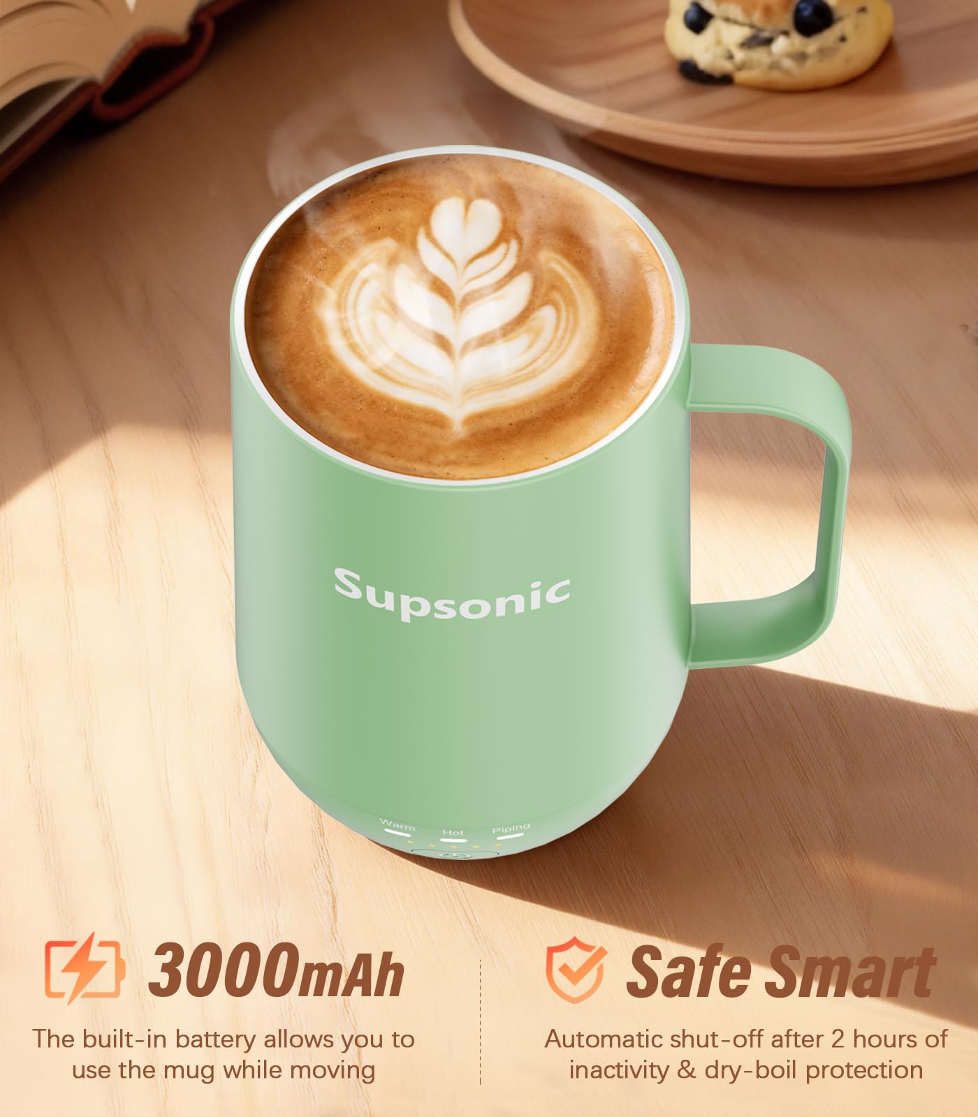 Supsonic - Taza de café autocalentable de 16 onzas, taza de café calentada inteligente, calentamiento más rápido de contacto directo de hasta 65.0 °C, juego de calentador de tazas de café con apagado