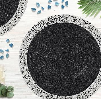 Set of 2 Black Handmade Bead placemat, Beaded Charger, Beaded Table mat, Black and White Centrepiece, Gift for her, Embroidered ZARIMOON