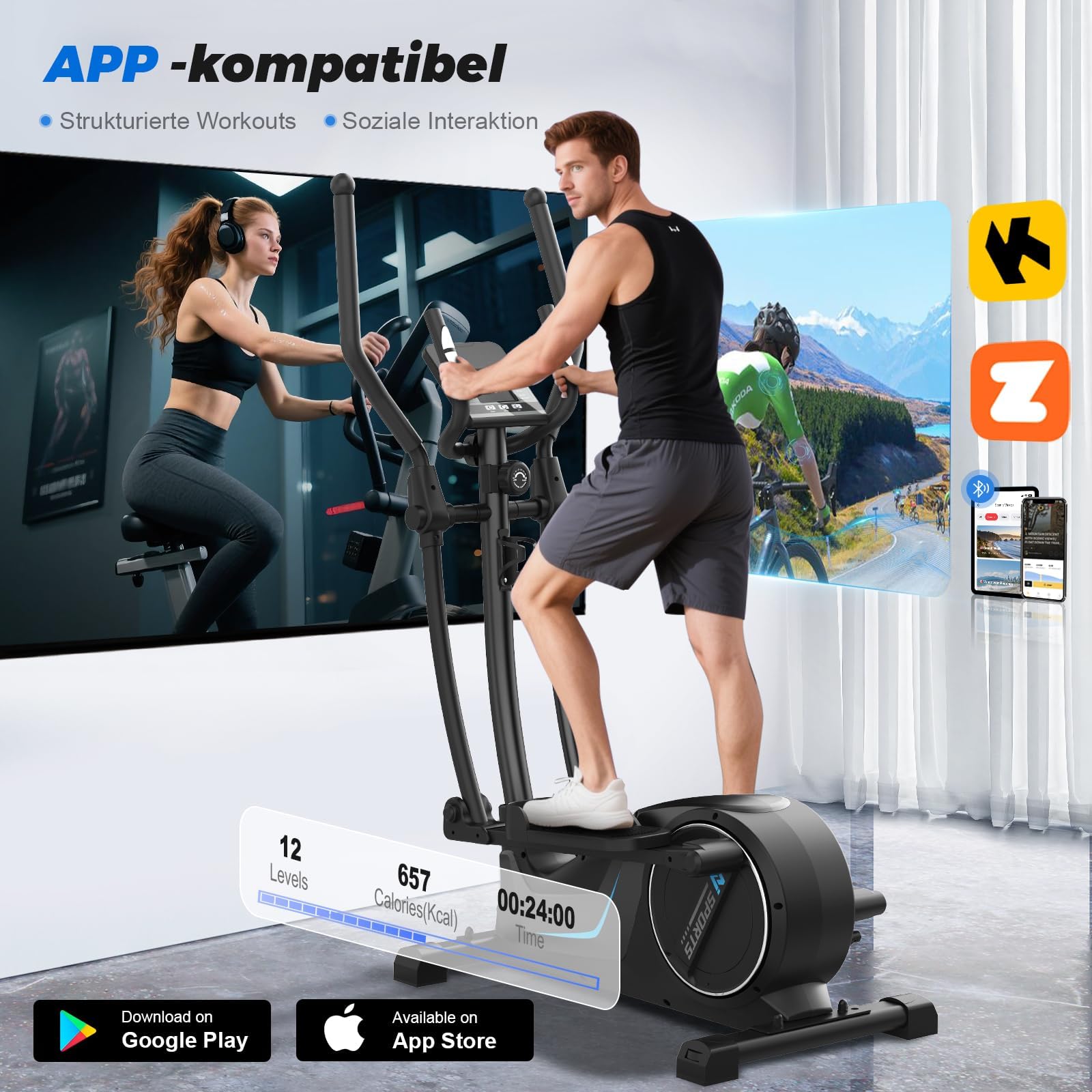 Crosstrainer, 3-in-1 Ultraleiser Crosstrainers mit 16 Widerstandsstufen, 8 kg Schwungrad, 16,5 Zoll Schrittlänge, LCD-Display, Belastbar Bis 150 kg, Ellipsentrainer für Zuhause