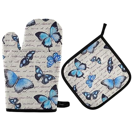 Exnundod Summer Butterfly Oven Mitts and Pot Holders Set Blue Retro Spring Hot Pads&Gloves 2PCS Potholders for Spring Seasonal Kitchen Cooking Baking BBQ