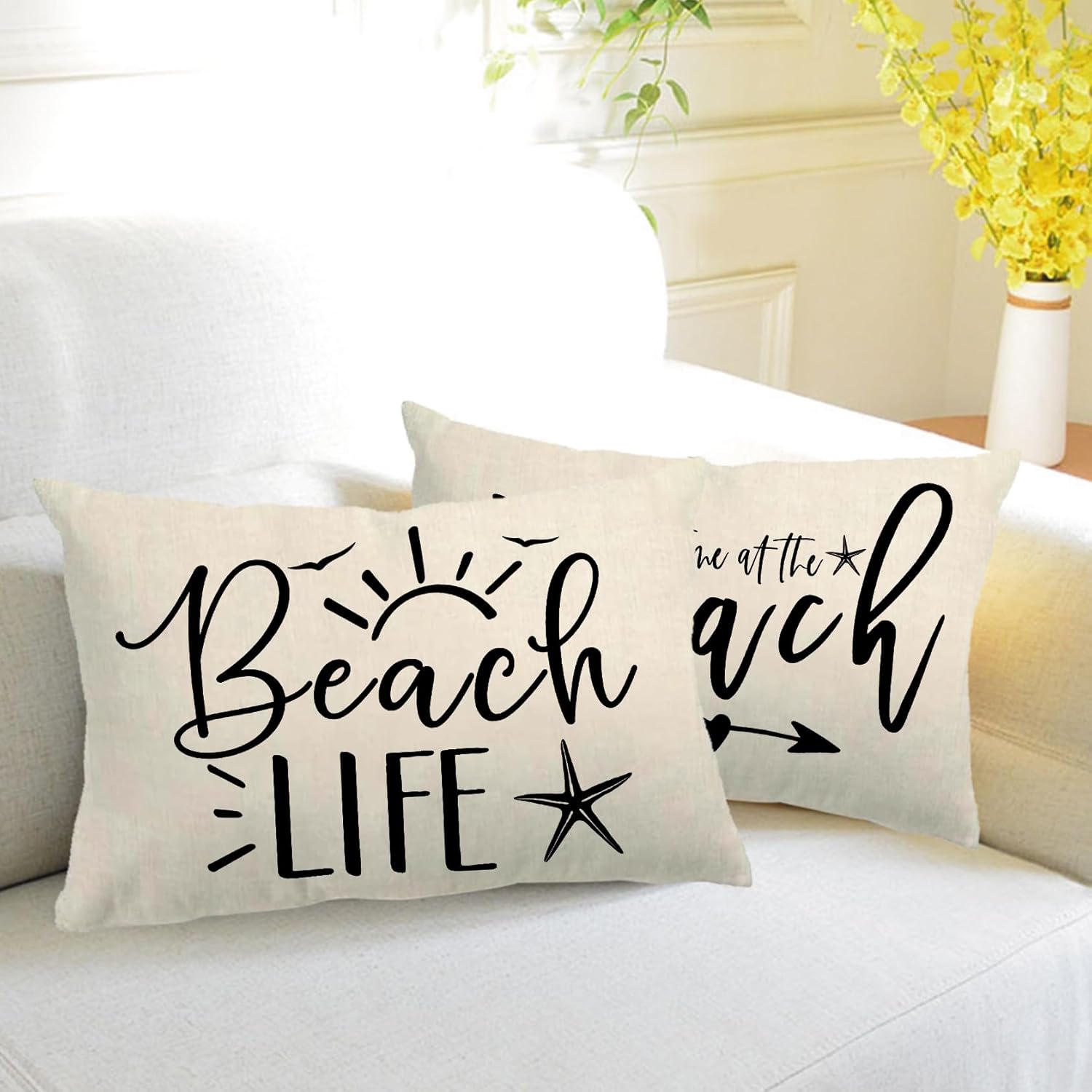 2Pack Beach Style Pillow Covers Double-sided printed Beige Beach Life Starfish Summer Decor Rectangular/Waist Cushion Cover Ocean Theme Coastal Home Decor Pillowcases 12”×20” (Beige, 12”×20”) - Image 2