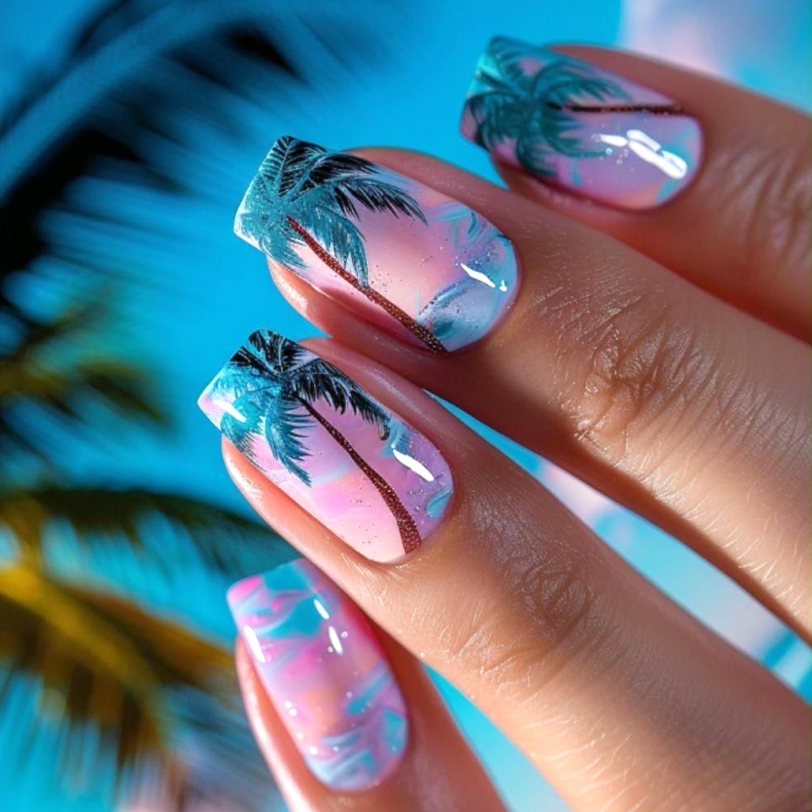 Medium Press on Nails Square Fake Nails with Design Palm Tree Glue on Nails Blue Pink Gradient Acrylic Nails Summer False Nails Reusable Artificial