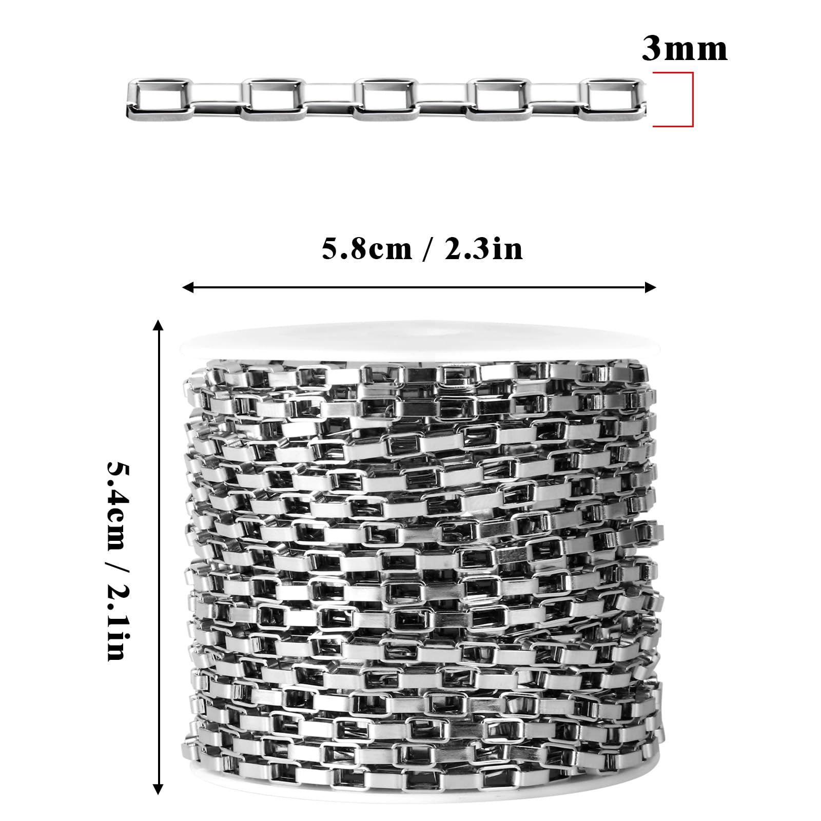 Cadena de caja de acero inoxidable de 33 pies a granel, cadenas de acero inoxidable 304 de 3 mm, carrete de rollo de cadena de eslabones cuadrados delgados para hacer joyas, manualidades