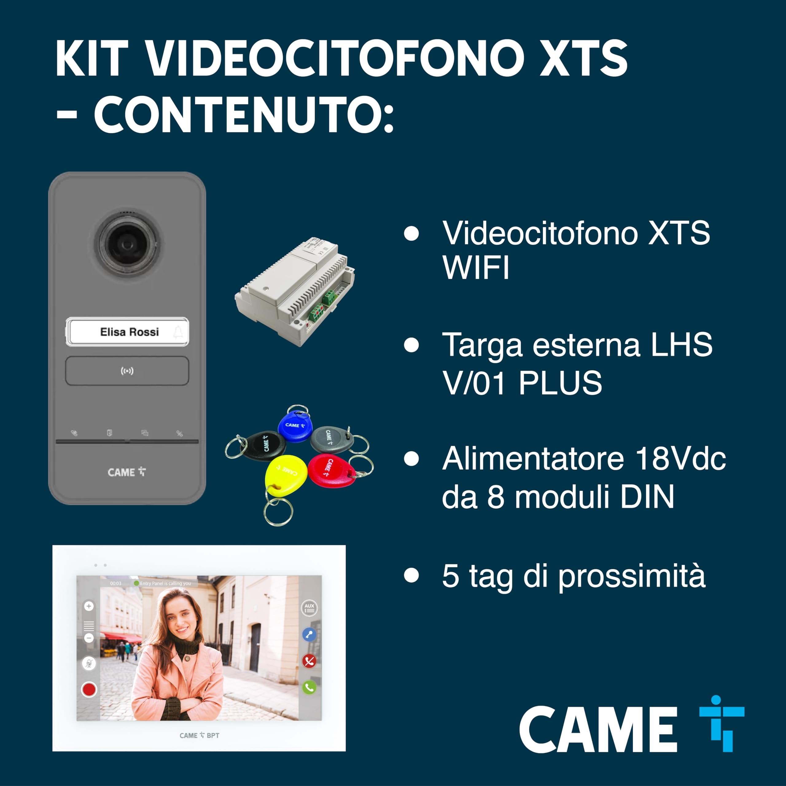 Came Kit videocitofonico monofamiliare include videocitofono vivavoce XTS da parete bianco WIFI display touch screen 7" per sistema X1, targa esterna LHS V/01 PLUS, alimentatore e 5 tag di prossimità
