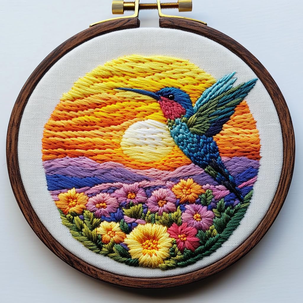DIY Punch Needle Kits Hummingbird and Sunset Flowers with Hoop 20x20cm-6