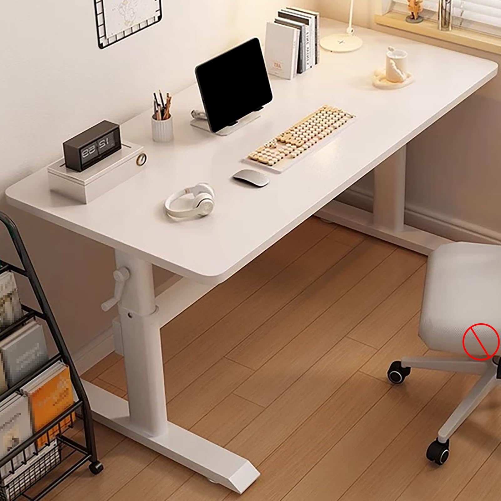 MYUYEE Standing Desk Adjustable Height, White Sit Stand Up Desk, Manual Computer Desk, Wipeable Tabletop, Ergonomic Home Office Desk, Metal Legs, Small Gaming Desk (140X60Cm)