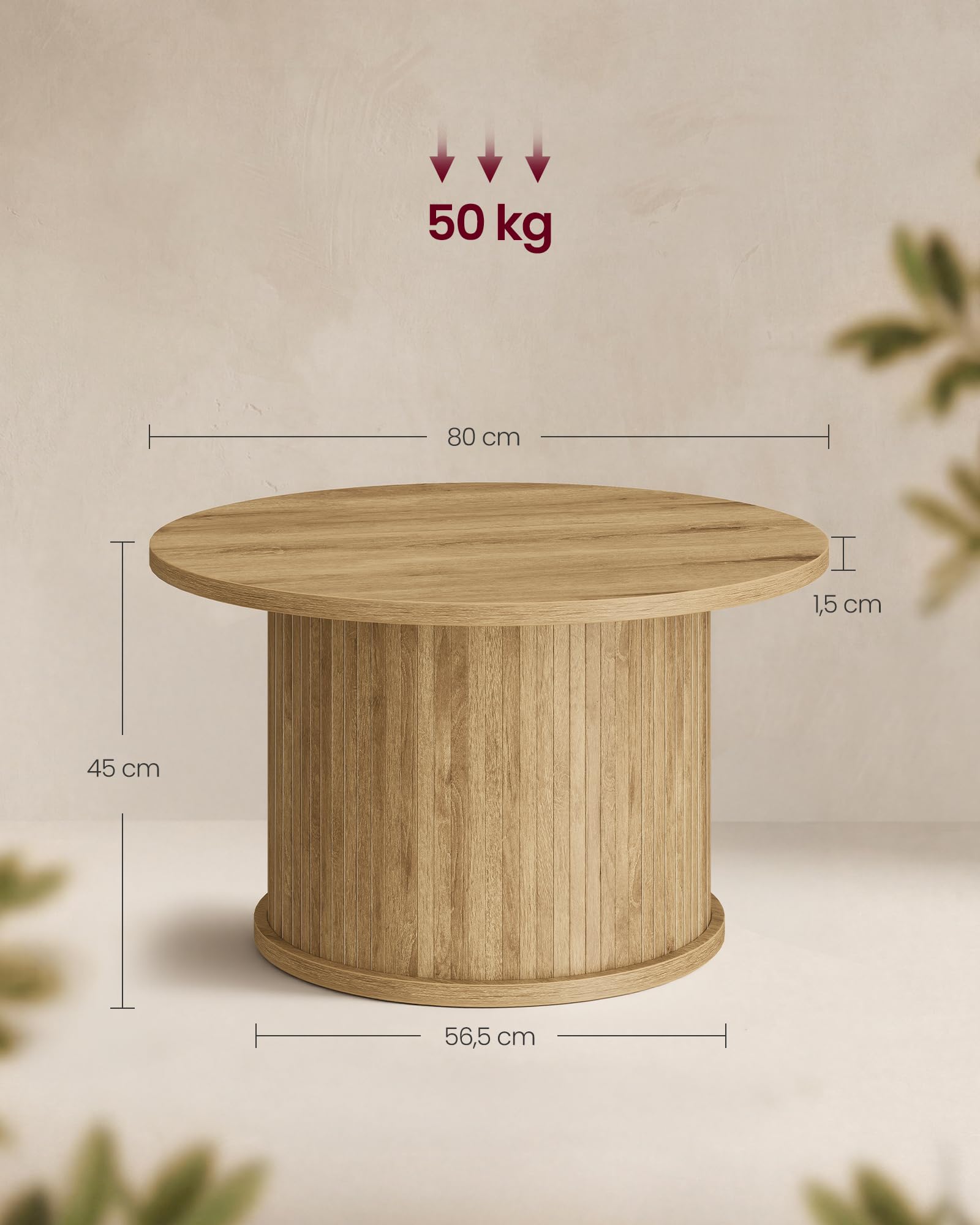 VASAGLE Okrągły Stolik Kawowy, z Cylindryczną Podstawą z Lameli | Stół do Salonu w Stylu Mid-Century, 80 x 80 x 45 cm, Piaskowy Brąz, Kolekcja MIRIANA LCT276K101