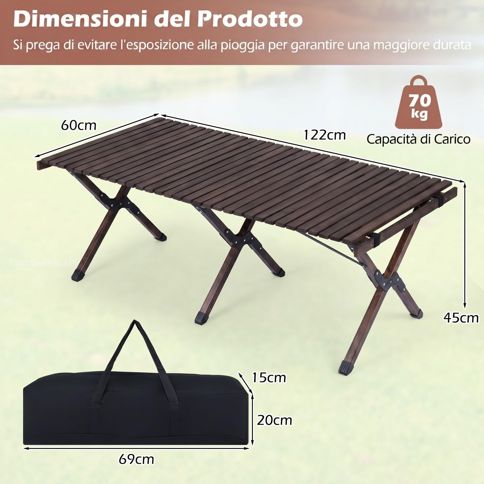 COSTWAY Tavolo da Picnic Pieghevole e Portatile, 122 x 60 cm, Tavolo da Campeggio in Legno Massello a 4-6 Posti, con Piano Arrotolabile e Borsa da Trasporto, per Balcone, Cortile e Mercato (Marrone)