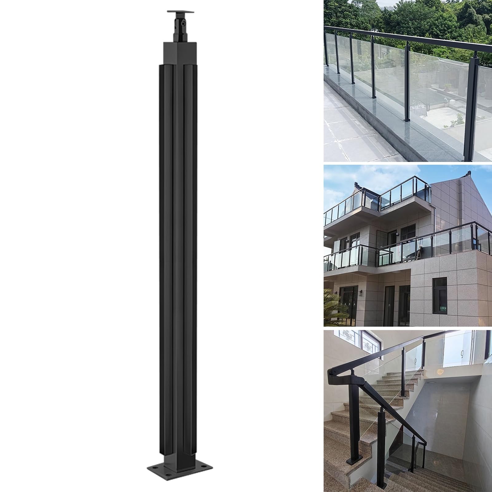 Poste cuadrado de barandilla de vidrio negro y columna de balaustrada de metal interior