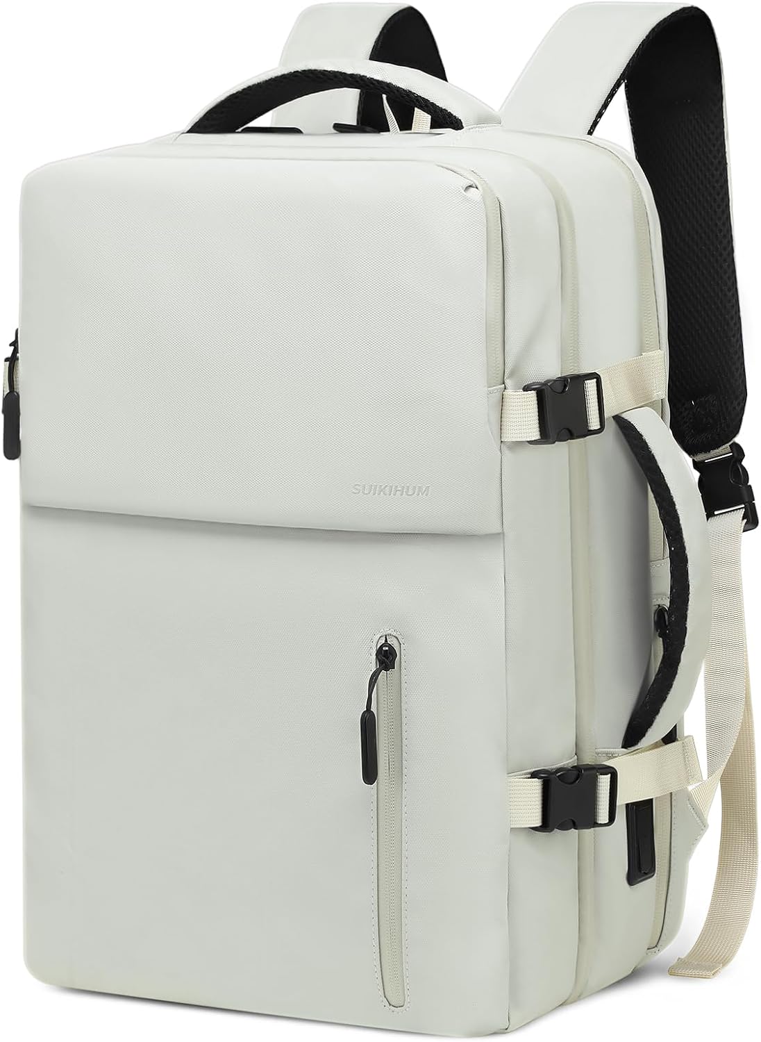 Lay Flat Carry on Travel Backpack, 30L Airline Approved, Fits 16" Laptop, USB-C & USB-A, Water Resistant, Beige