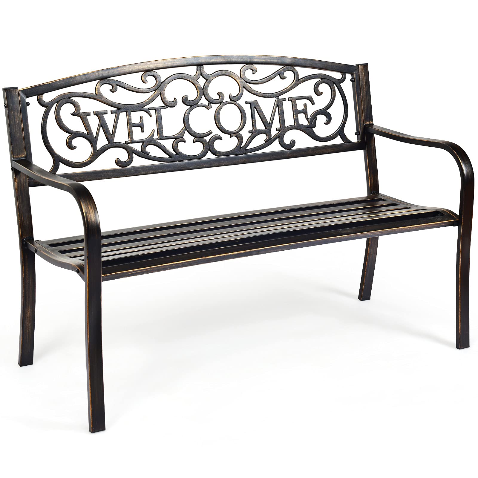 GOPLUS Banc Exterieur Jardin, 127 x 63 x 89 CM, Place pour 2 Personnes, Banquette Exterieur de Cadre en Métal, Charge 320KG, Dossier Ajouré avec Motif Mot, Idéal pour Patio, Piscine (Bronze)