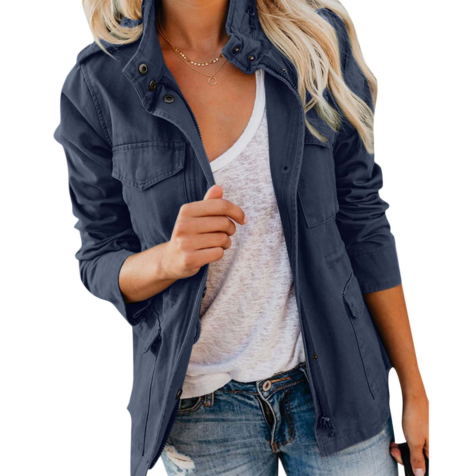Jean Veste Militaire Femme Blouson Mi Saison Grande Taille Manteau Court Parka en Coton pour Printemps Décontracté Kaki Jacket Veste en Jean Saharienne Femme Legere Sports avec Poches Ziper