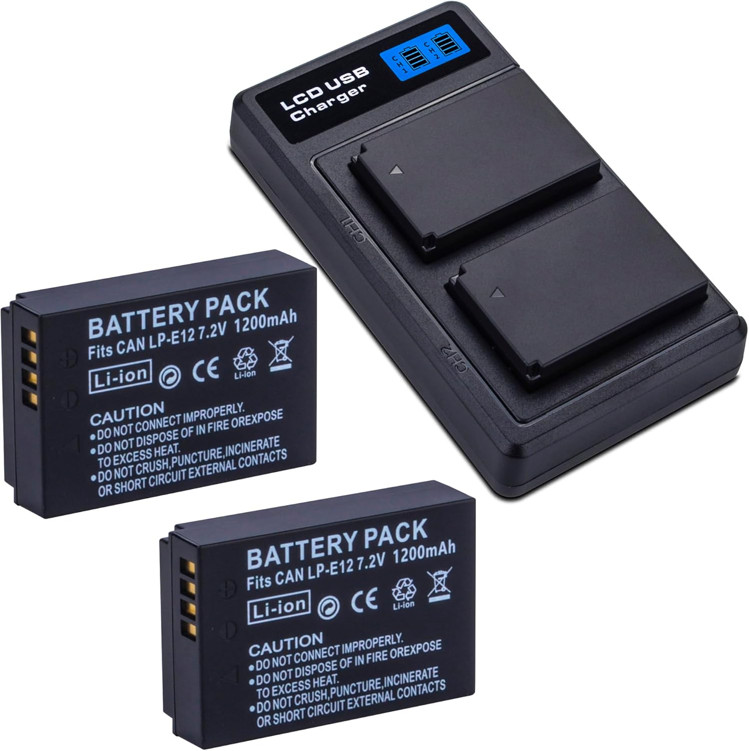 2-Pack LP-E12 Batteries with USB Dual Battery Charger for Canon EOS-M, EOS M2, EOS M10, EOS M50, EOS M50 Mark II, EOS M100, EOS M200, SX70 HS, Rebel SL1 Digital Cameras