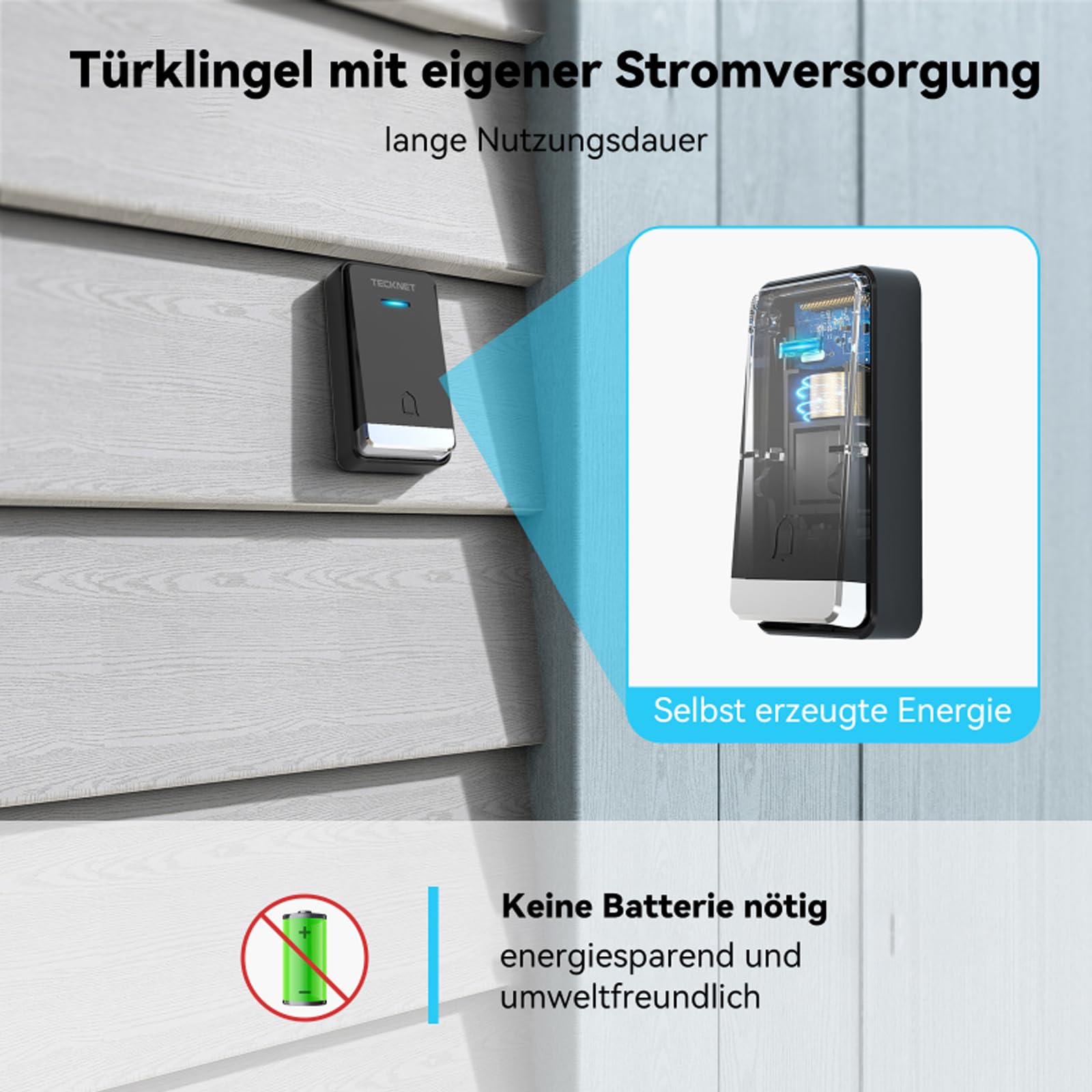 TECKNET Kabellose Türklingel Batterielose, Steckdosen-Funkklingel Wasserdicht Drahtloses Türklingel mit 4 EU-Steckdose und 1 Sender, 400m, 60 Laute Melodien, 5 Lautstärke Stufen, LED-Blinken