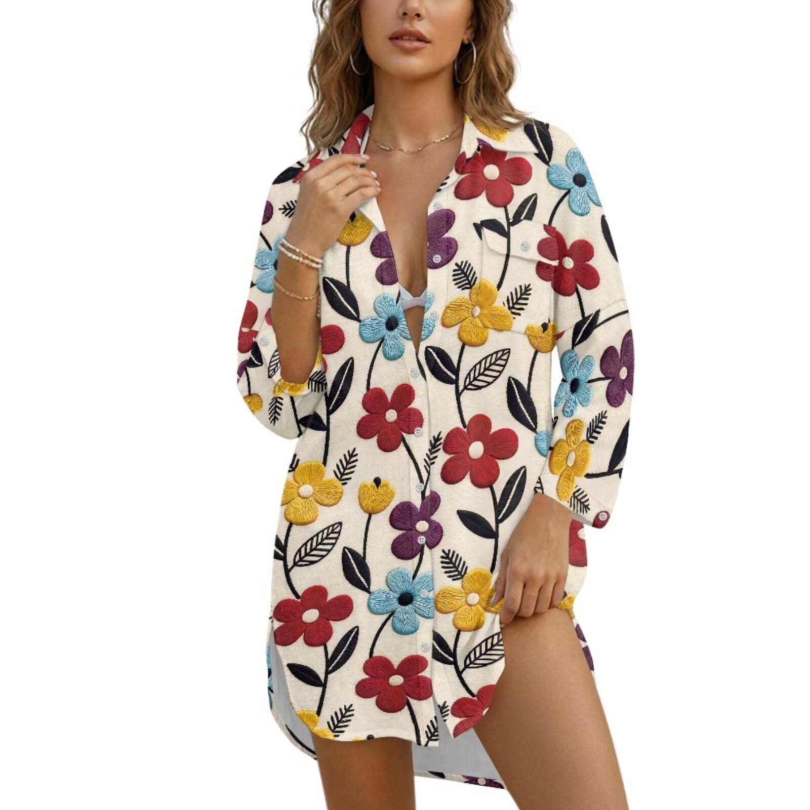 Copricostume da spiaggia da donna, copricostume da donna con bottoni, camicia da spiaggia con tasca, S-3XL
