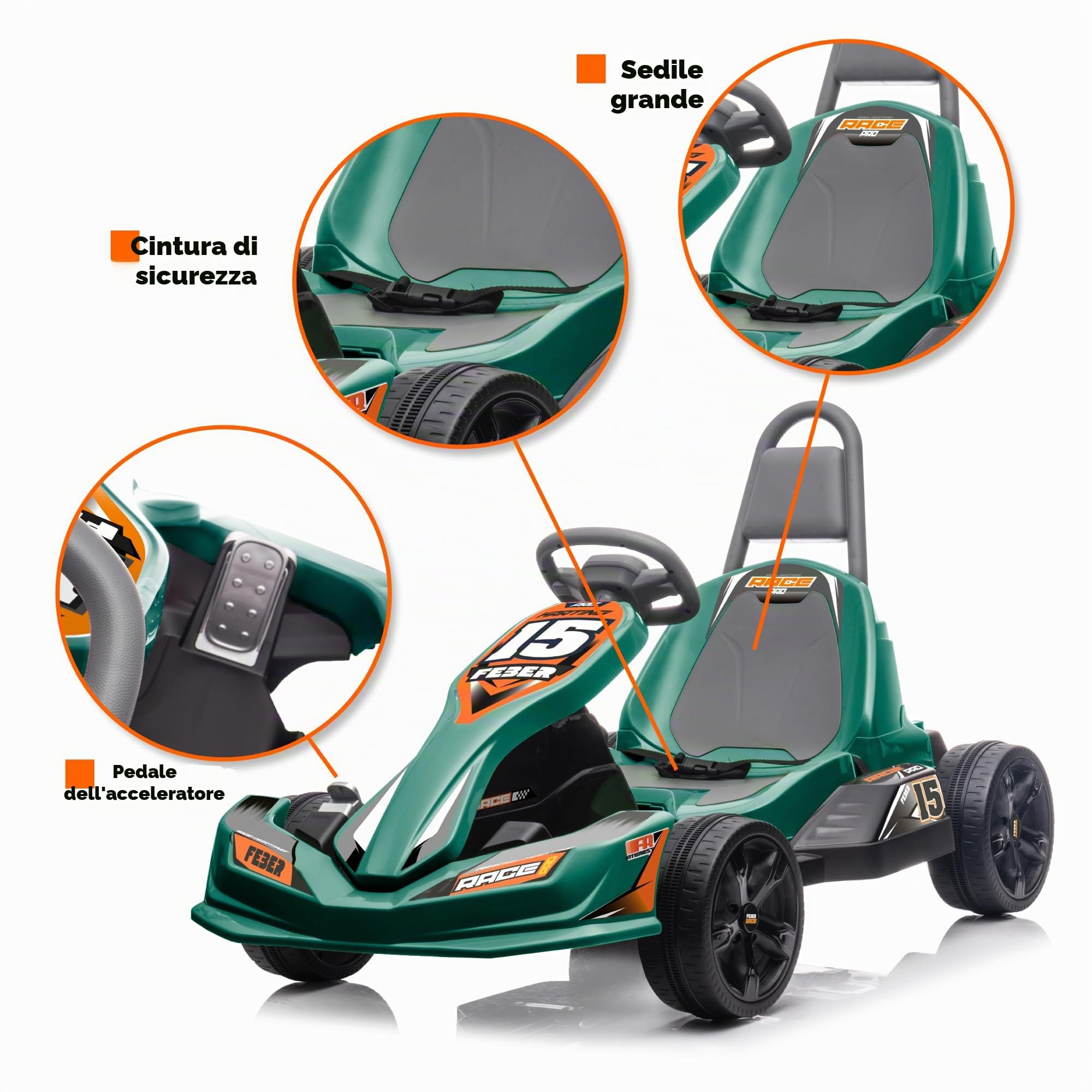 FEBER - GO Kart 12V, Kart per bambini Formula 1, Verde, Stile Sportivo, con 2 Marce e Velocità tra 3 e 5 km/h, per bambini/e da 3 a 5 Anni, Famosa (FEN15000)