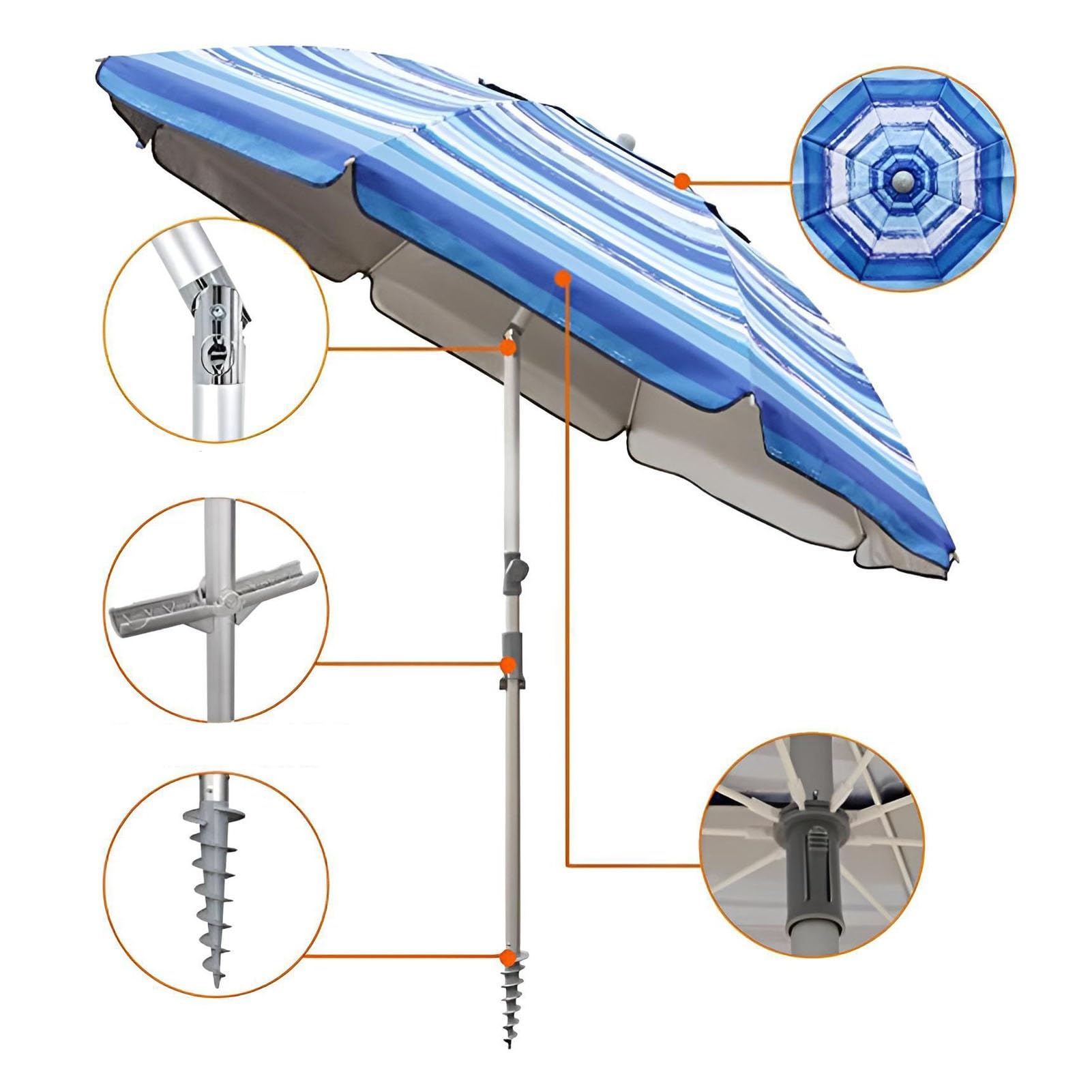 220cm Przechylny Parasol Plażowy, Wodoodporny z Filtrem UV 50+, Osłona Słoneczna do Ogrodu, Basenu i Podwórka, Niebieskie Paski