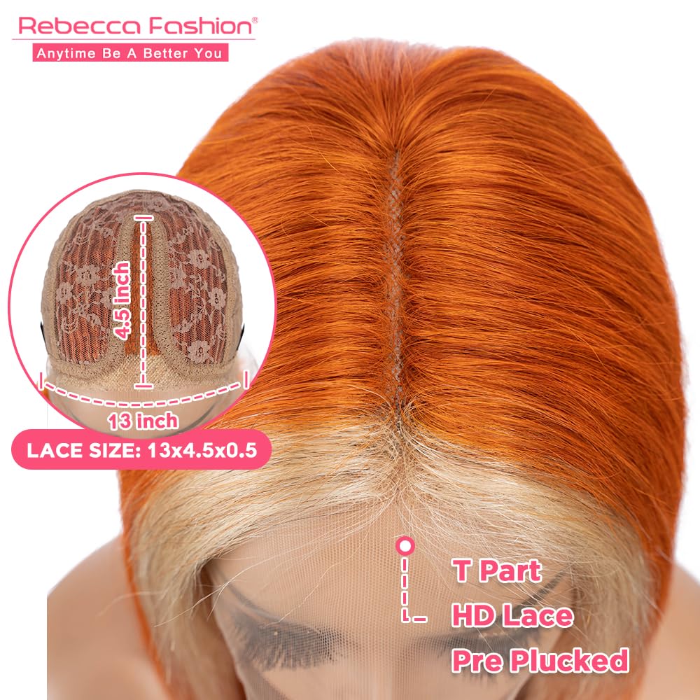 Rebecca Fashion Ginger Orange and Blonde Bob Wig Human Hair Skunk Stripe T Part HD Straight Lace Front Wigs Human Hair 13x4.5X0.5 HD Transparent Lace Wig Brazilian Virgin Wigs for Black Women 12 Inch - Image 2