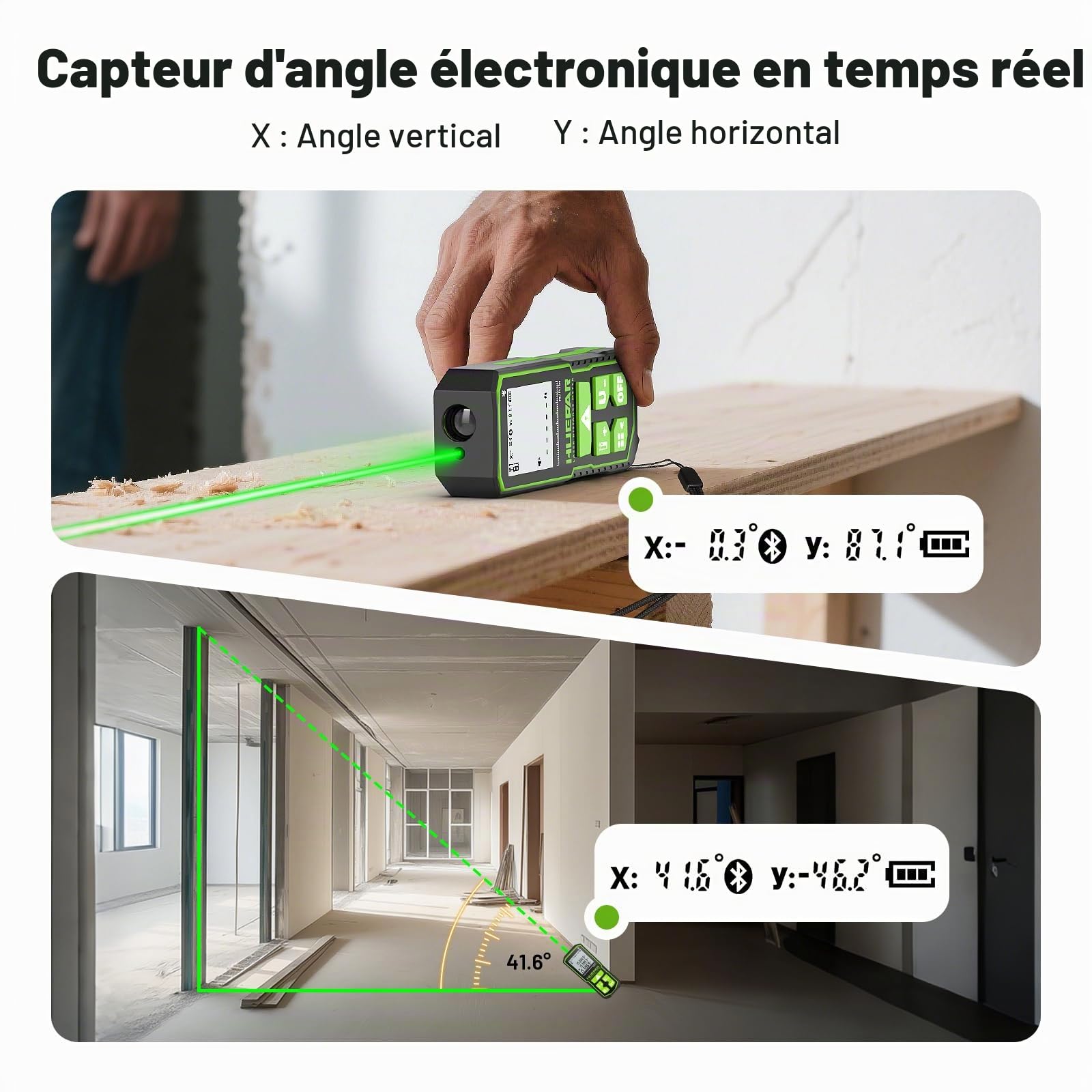 120m Outil de Mesure Laser Vert Huepar avec Contrôle par Application | Distancemètre Bluetooth Rechargeable,Capteur d'angle, Modes Multiples,IP54 Étanche Durabilité pour Maison et Construction