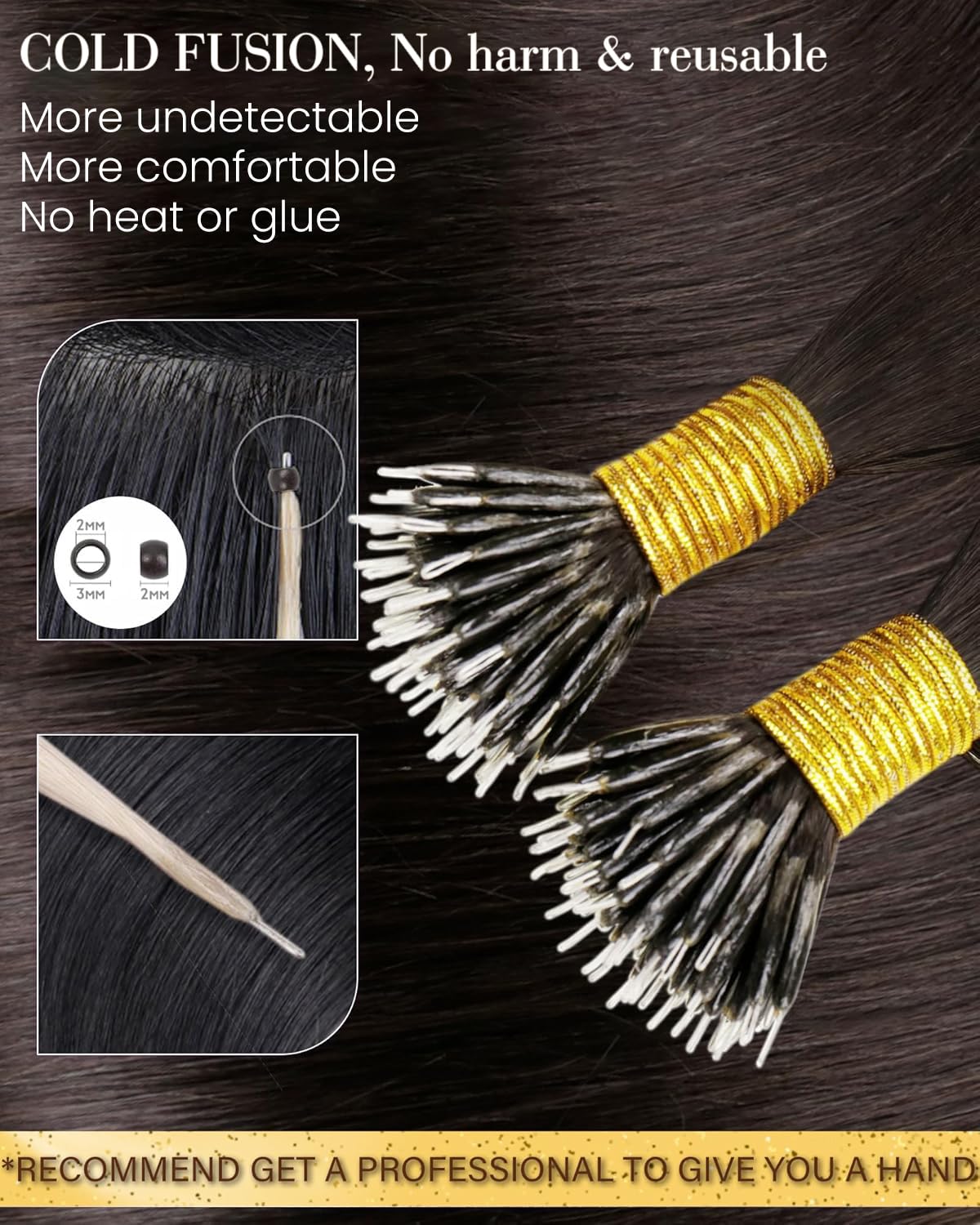 Close-up of the nano ring attachment point on a strand of dark brown hair extension.