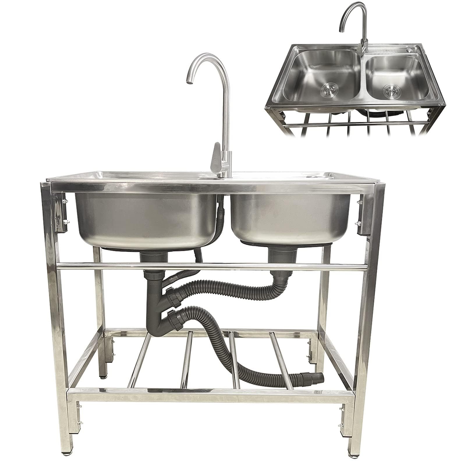 LMYSXAOZ Catering Stainless Steel Sink Commercial Double Bowl Unit with Tap Industrial Kitchen for Laundry, Backyard, Restaurant