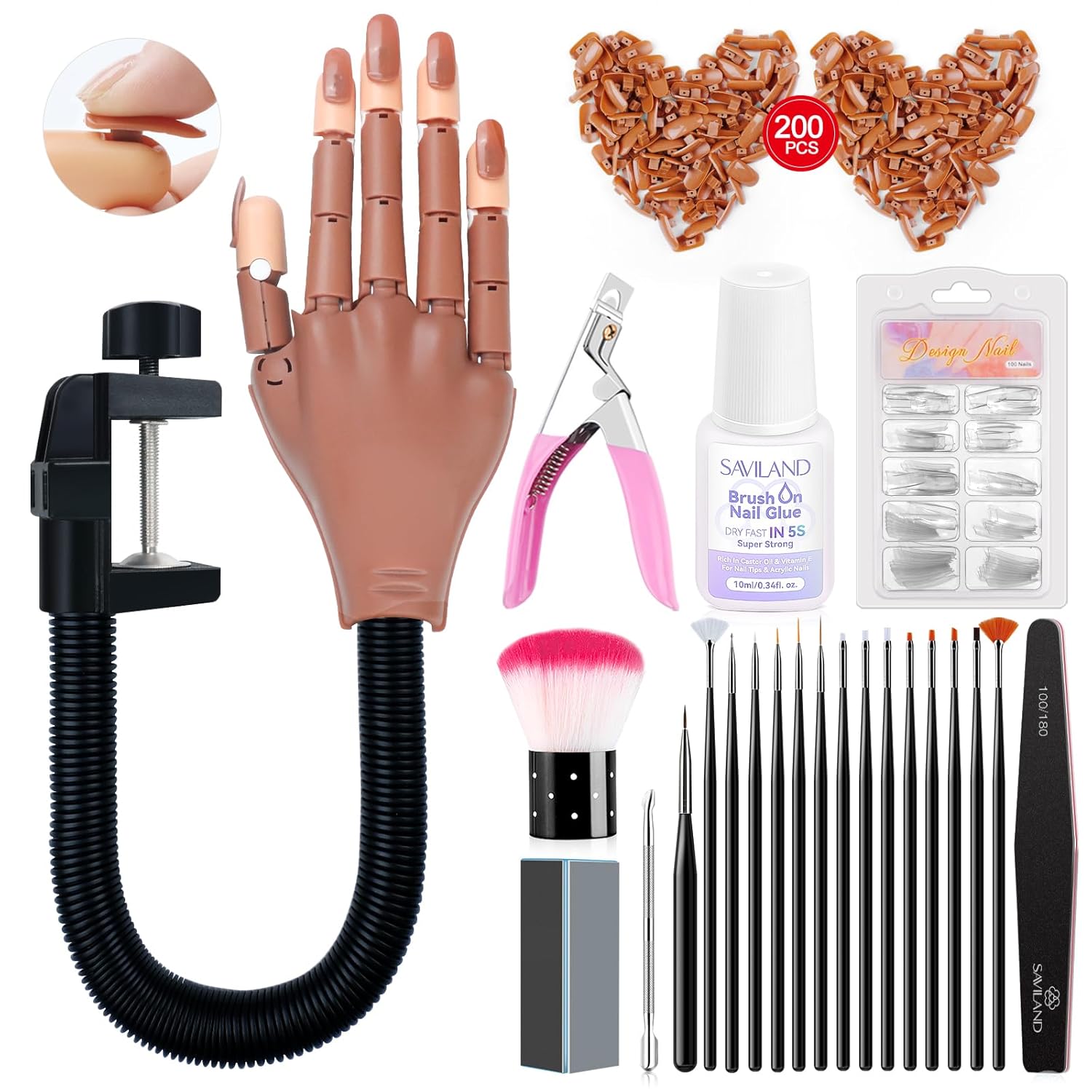 Saviland Practice Hand for Acrylic Nails, Flexible Moveable Fake Hands, Manicure Trainng Hand Nail Kit for Beginners, Movable Nail Maniquin Hand with 200PCS Nail Tips, Nail Glues, Brush and Clipper