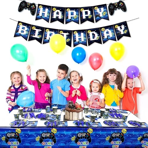 Miniatura 5 de Suministros para fiestas de videojuegos Kit de decoración de cumpleaños para niños, incluye pancarta de feliz cumpleaños, platos, vasos,