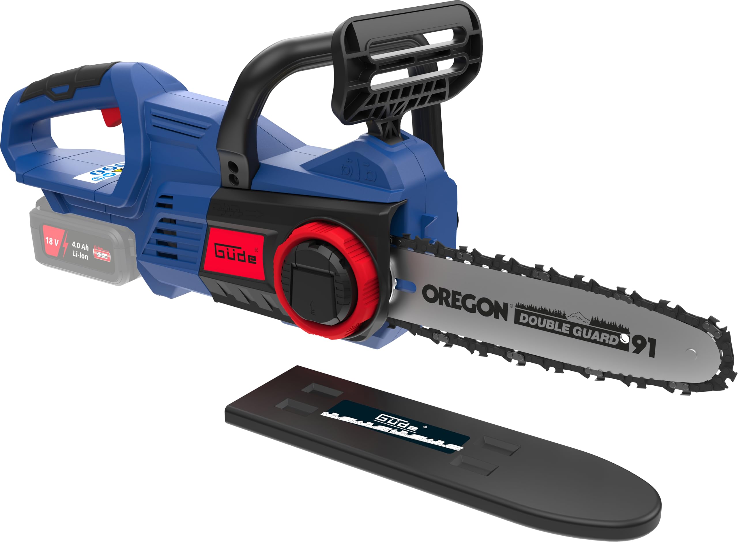 Güde Motosierra con batería KS 18-0 (18 V, 21000 1/min, longitud de corte 240 mm, sistema de sujeción rápida de cadena, lubricación automática de cadena, peso 2,6 kg, incluye espada y cadena Oregon,