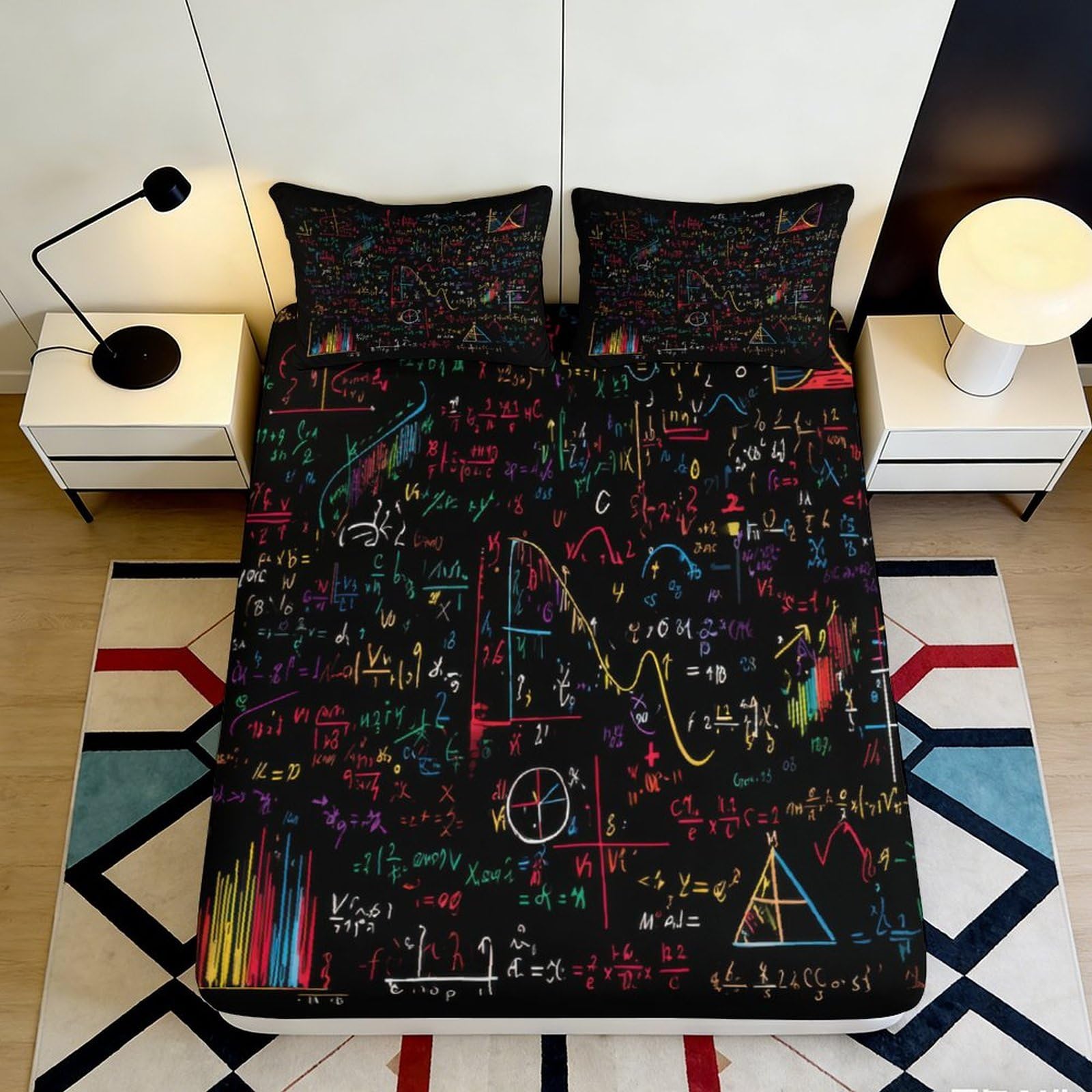 3D Printed Math Formula Fitted Sheet Microfiber Black Chalkboard Bed Cover Geometric Pattern for Bedroom Dorm Decor 90x200x25cm