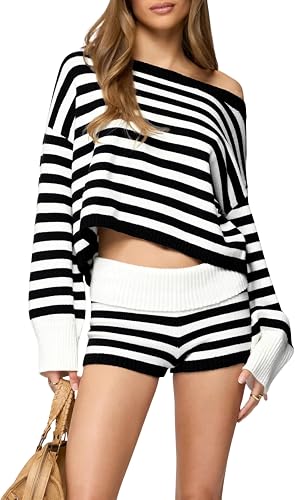 Tanming 2 Piece Lounge Outfits Casual Striped Short Sets(Black-XL)