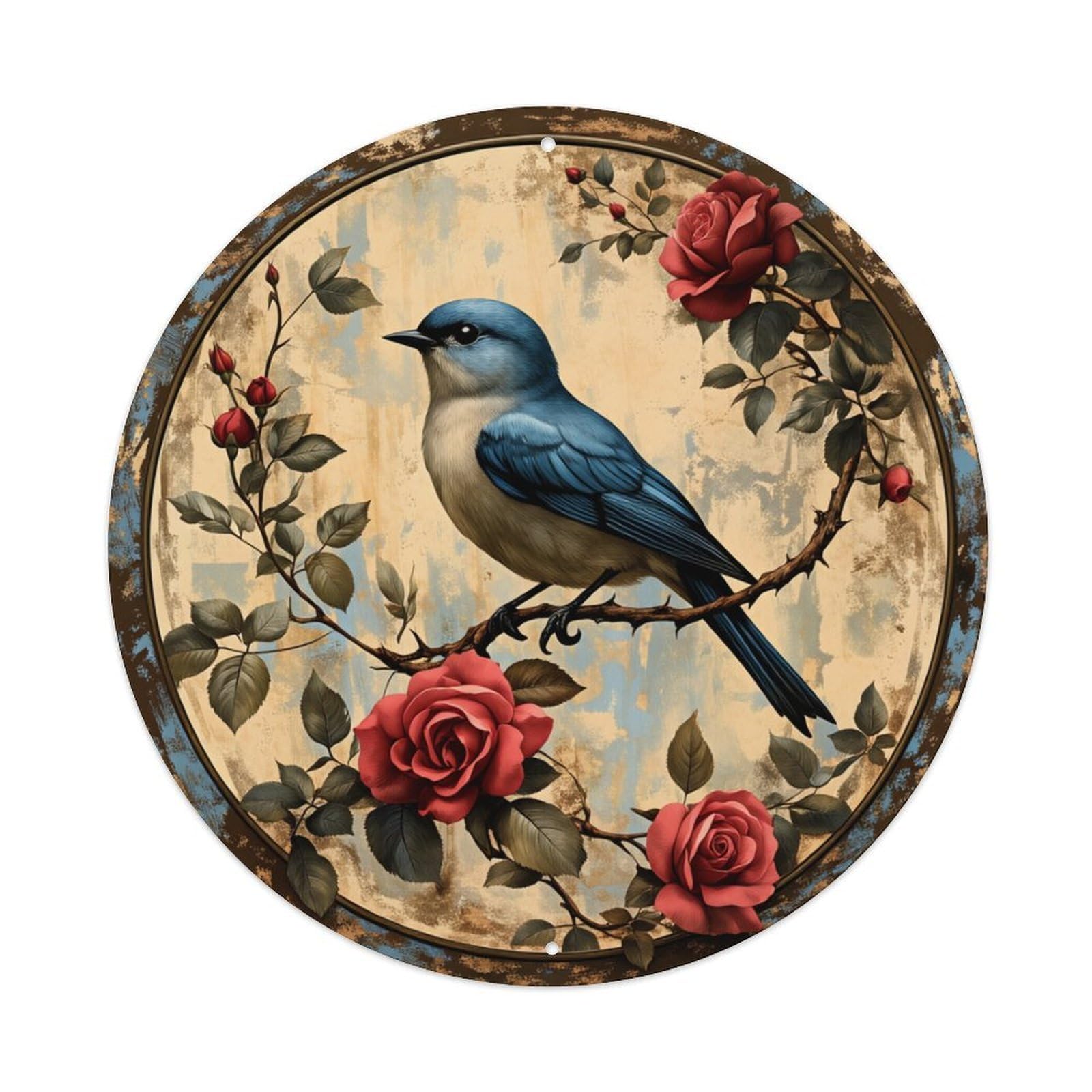 Blue Bird Rose Branch Vintage Round Tin Sign Retro Metal Sign for Cafe Bar Pub Home Game Room Gym Club Wall Decoration Vintage Metal Poster 8x8 Inch