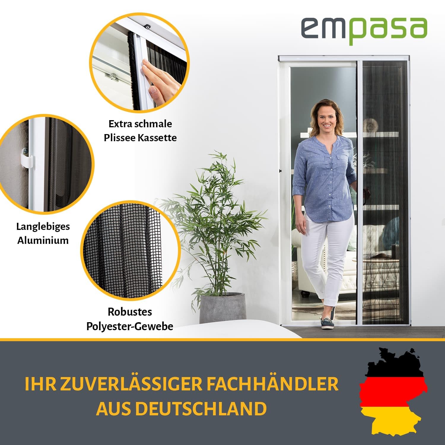 empasa Insektenschutz Fliegengitter Schiebetür Gaze Plissee Tür | aus Aluminium, individuell zuschneidbar, Größe:125 x 220 cm, Farbe:braun