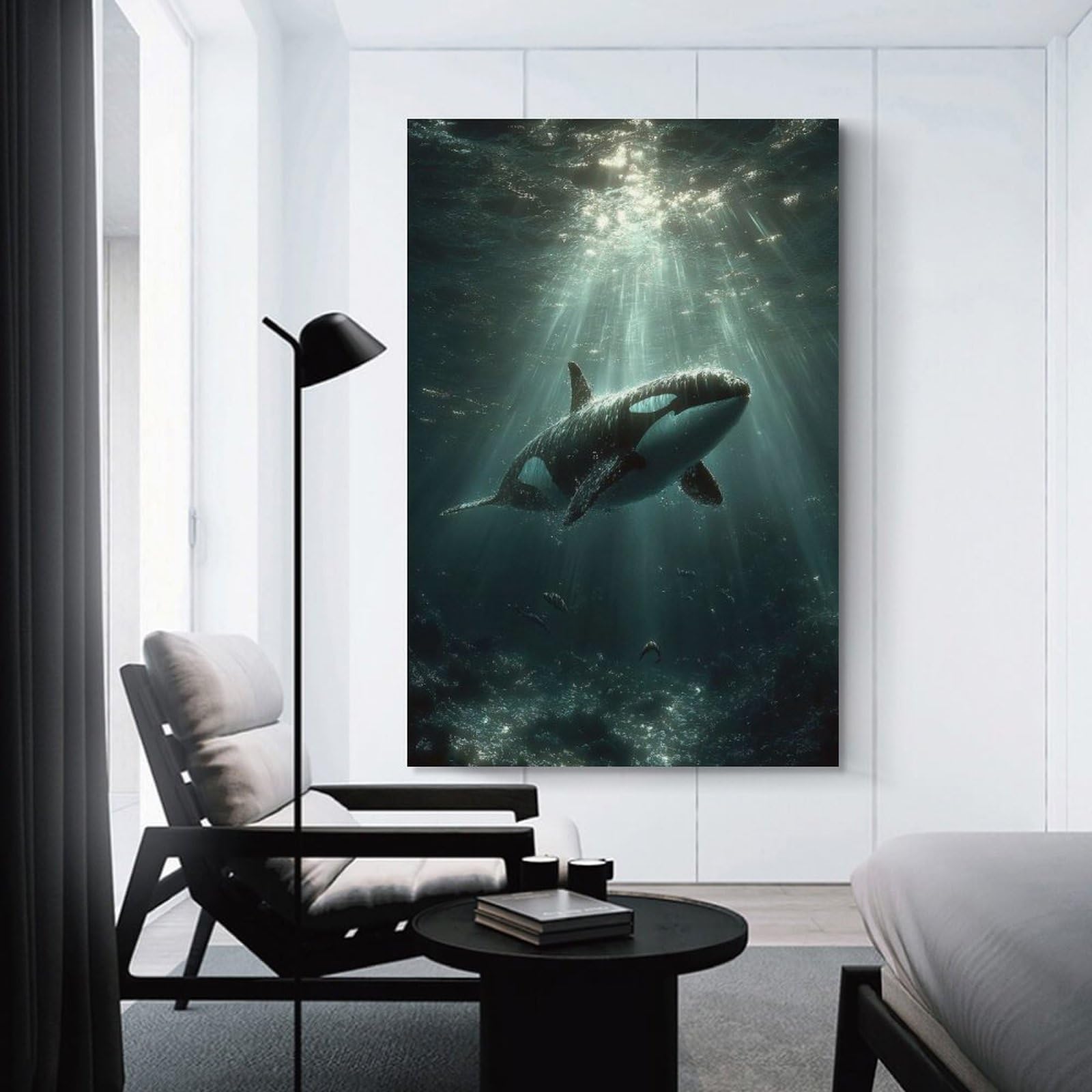 Junmoney Unframe-Style-21-1 Orca Whale Swimming Underwater With Sunbeams Wall Picture Print 08X12inch(20X30cm), For Apartment Walls, Studios Or Work Areas, A Simple Refresh For Blank Walls