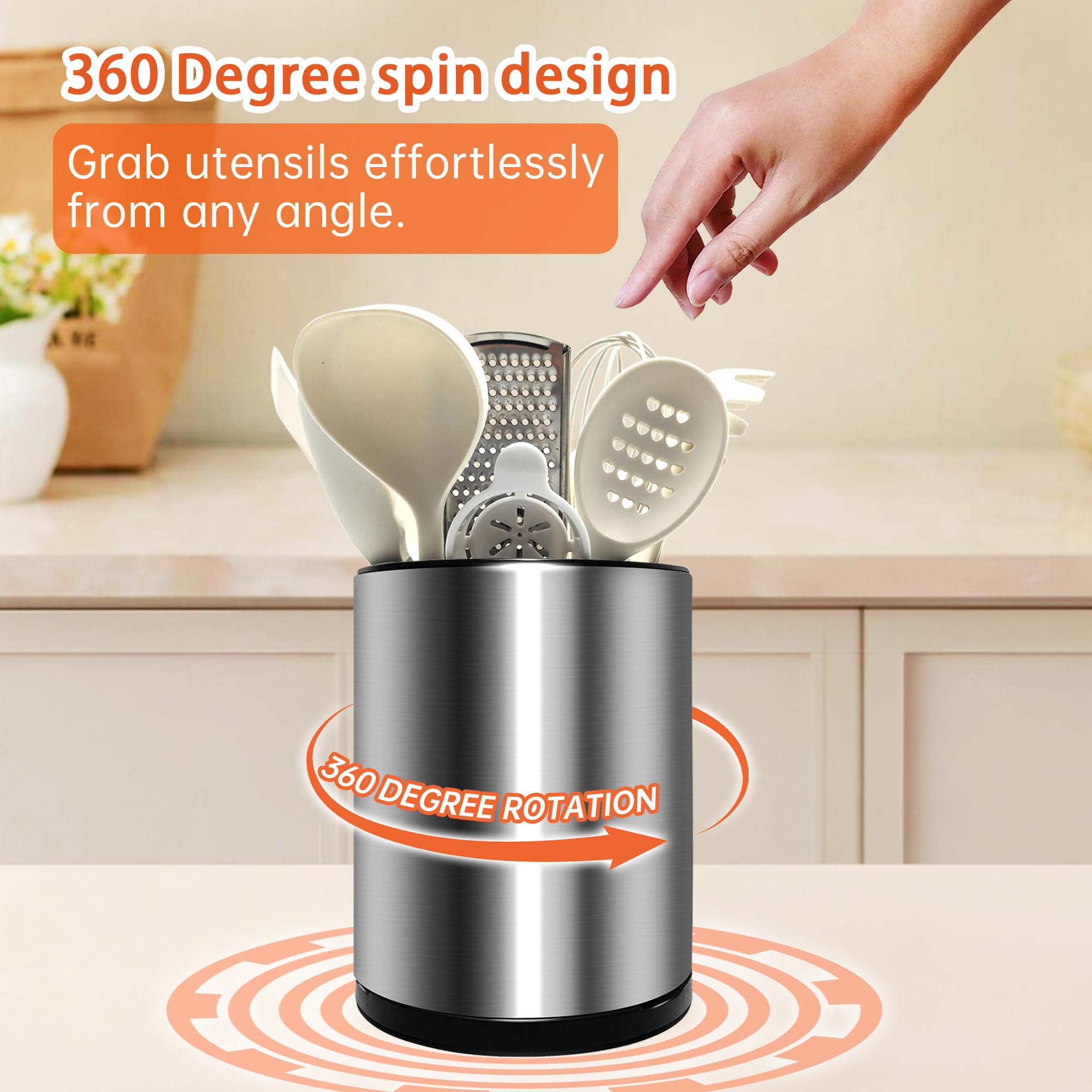 OPPRSPRS Stainless 360° Rotating Kitchen Utensil Holder,Large Counter Utensil Caddy, Cooking Spoon Stand Spatula Cutlery Metal Utensil Canister Tool Silverware Holder Rack For Countertop (Silver)