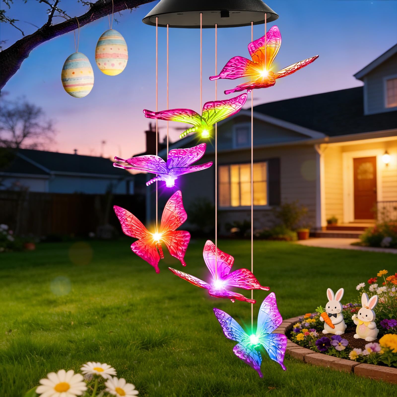 Easter Basket Stuffers Gifts for Her Mom Grandma, Birthday Gardening Gifts for Women, Winzwon Solar Lights Outdoor Wind Chimes for Garden Yard Patio Porch Decor Hanging Butterfly Decorations