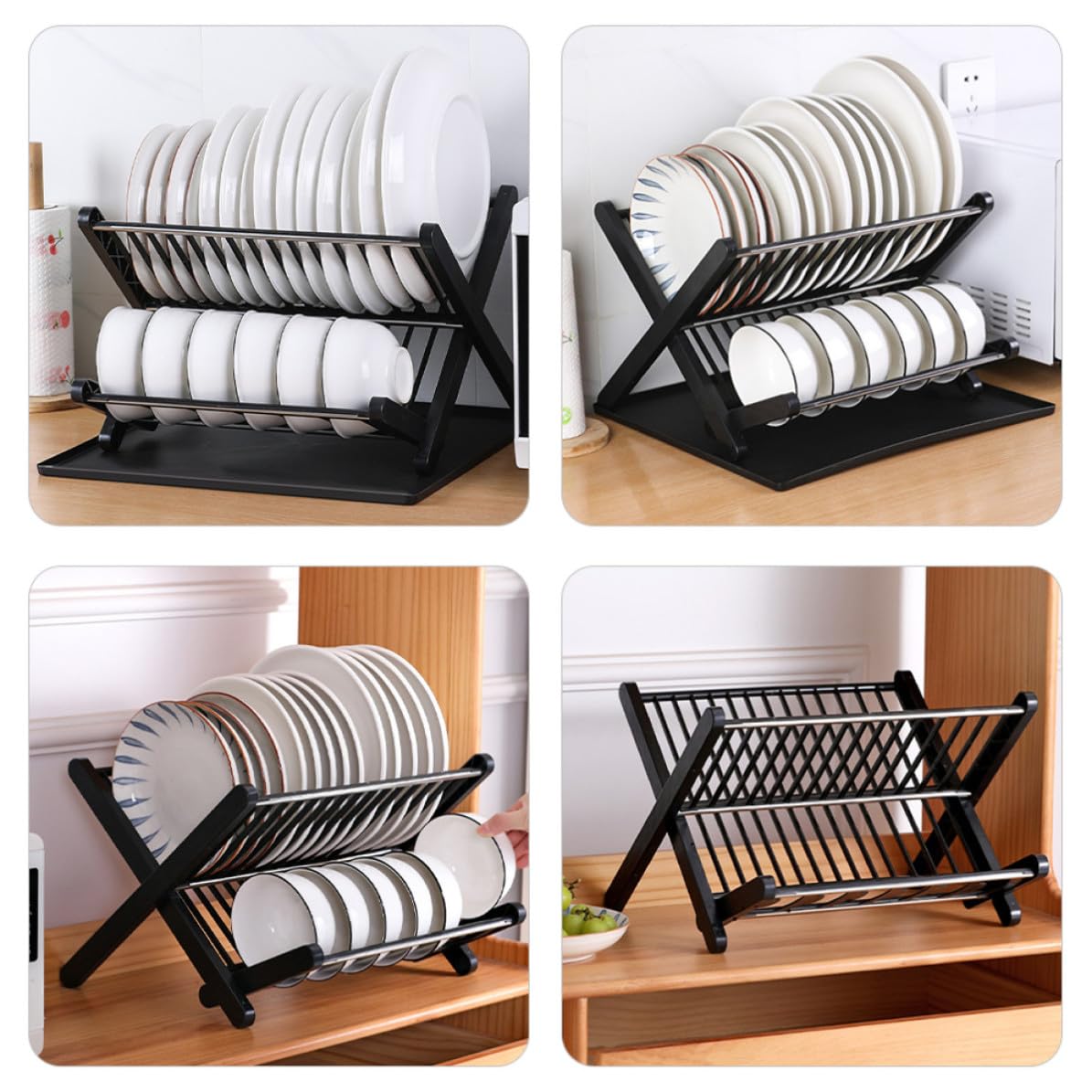 USHOBE Escurreplatos Plegable Negro de Pp y Acero Inoxidable, Compacto y Fácil de Almacenar para Cocina y Restaurante, Soporte Práctico para Organizar Platos