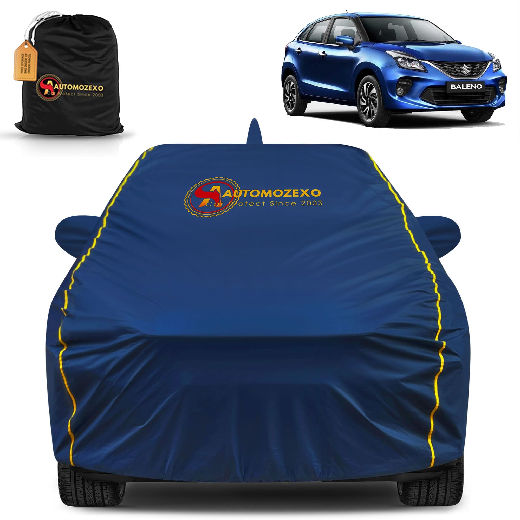 Maruti Suzuki Baleno 100% Waterproof Car Cover (Midnight Blue) 6LYR HDPE 200gsm Strong Fabric for All Weather Protection, Mirror & Antenna Pocket, Cotton Layer, Adjustable Elastic Straps
