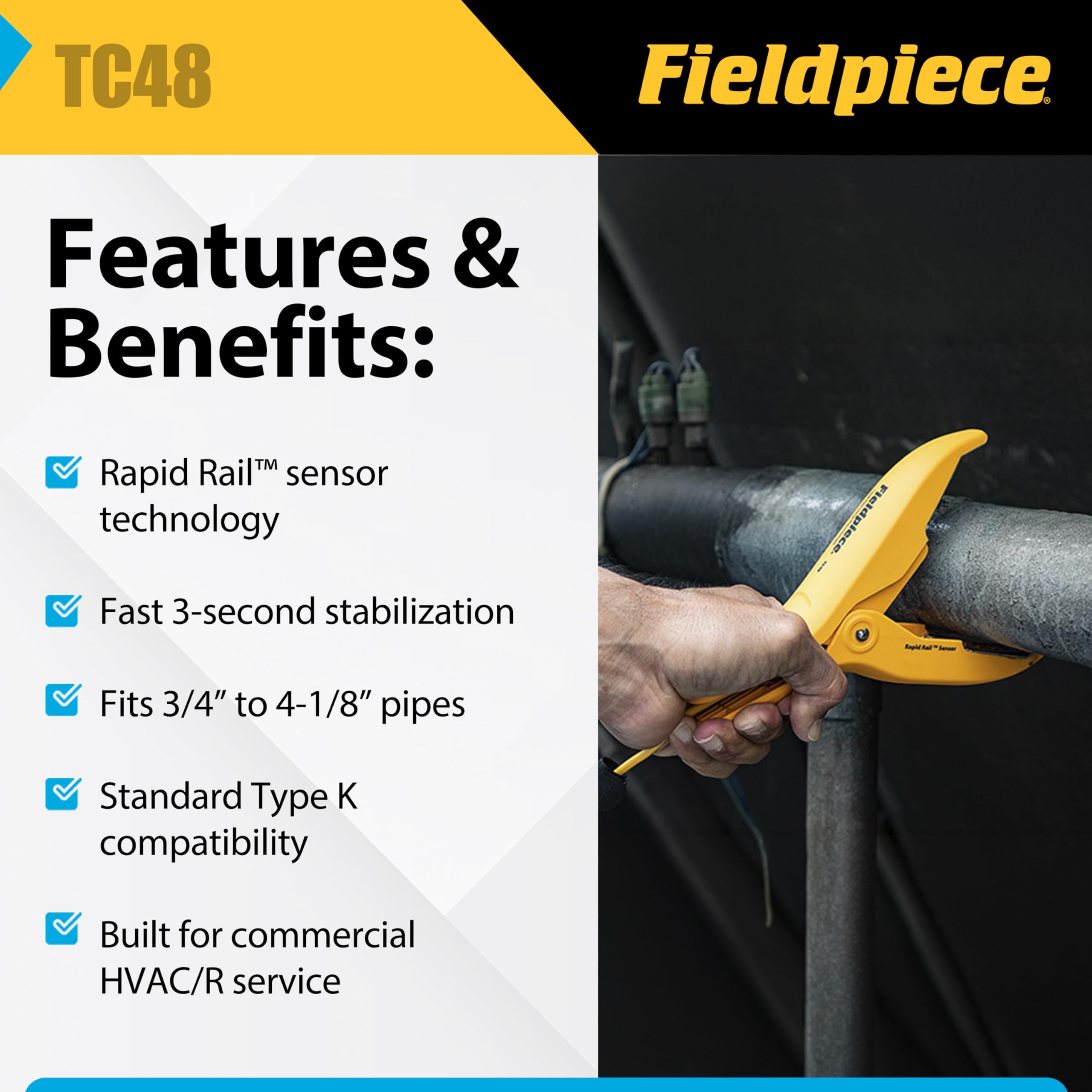 Fieldpiece TC48 Abrazadera de tubo grande tipo K termopar
