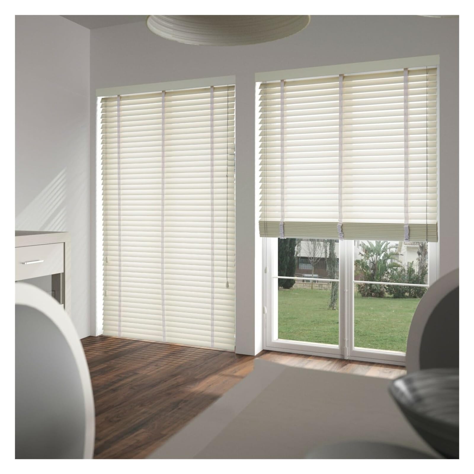 Weiße Holzjalousien, 50 mm Lamellen für 100–180 cm breite Fenster/Tür, stilvolle horizontale Jalousien für Zuhause, Schlafzimmer, Küche (Größe: 60 x 100 cm, Farbe: Weiß)